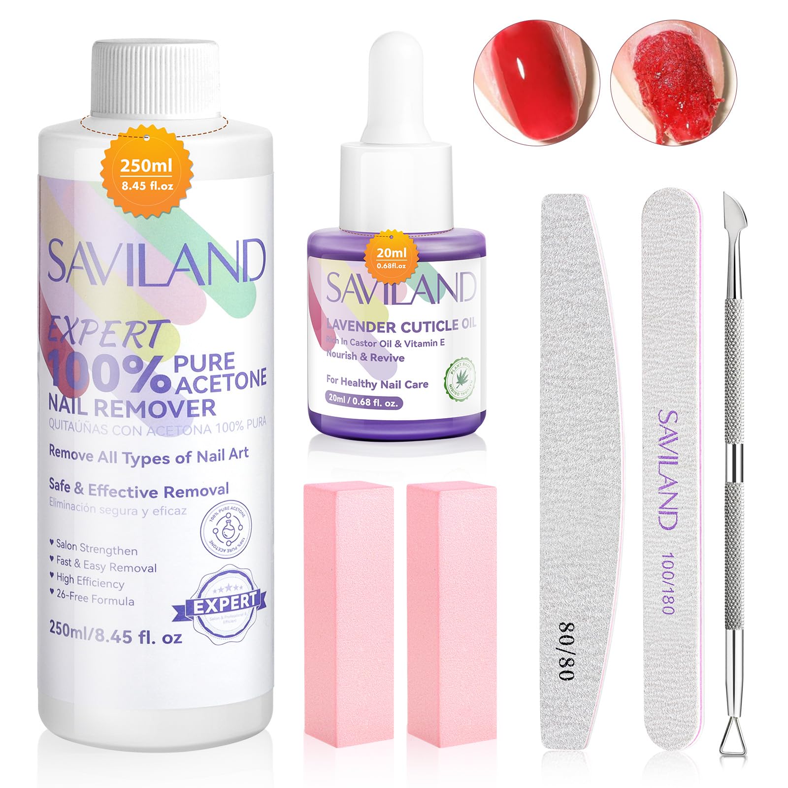 SAVILAND Nail Polish Remover Kit: 250ML Gel Remover with Cuticle Oil, 10 pcs Nail Clips, Nail File Buffer Tools for Nail Salon E1