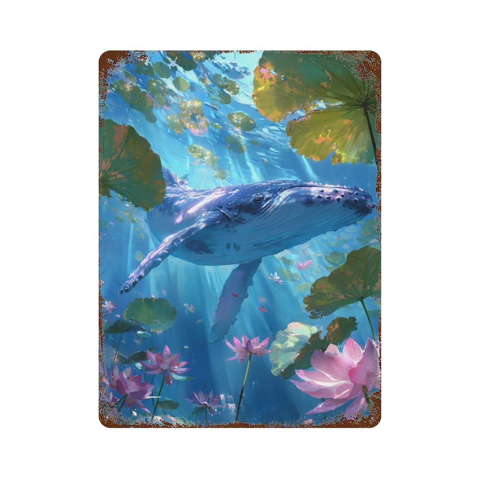 Whale in Lotus Pond Rusty Metal Tin Sign 15.7"x11.8", Ideal for Office, Studio And Wall Decor
