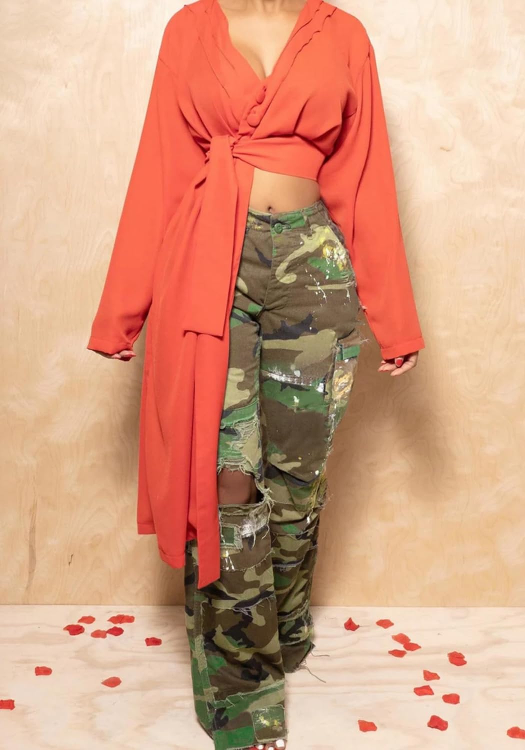 Vaceky Womens Camouflage Painted Distressed Ripped Straight Leg Cargo Pants - Image 5