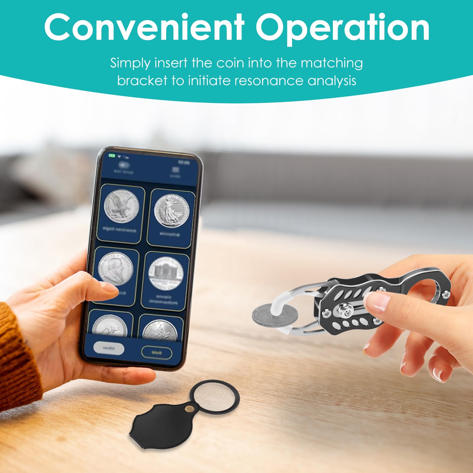 Pocket Pinger - Tester per monete con martello e lente d'ingrandimento, strumento portatile per la risonanza sonora e la verifica delle dimensioni dell'oro e dell'argento, per collezionisti