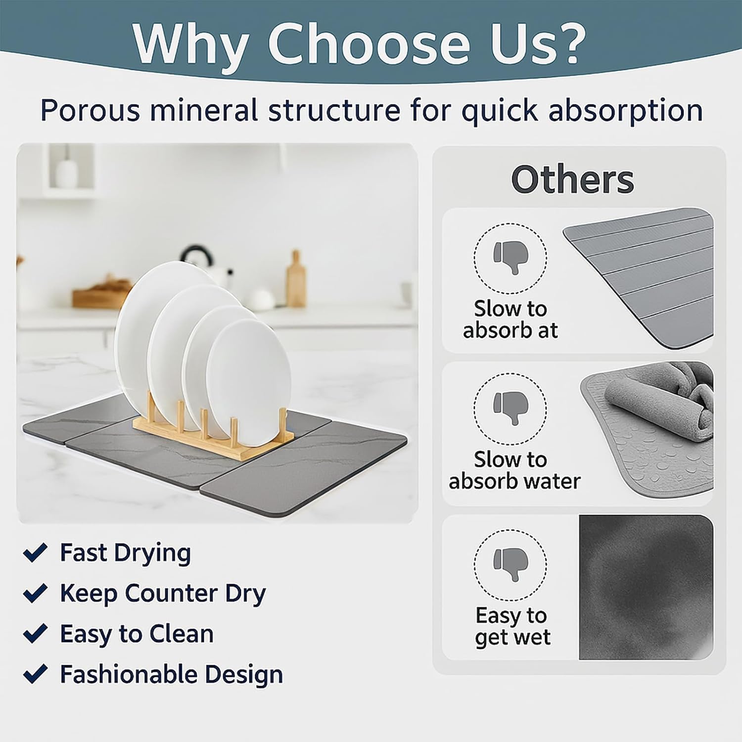 3-Panel Stone Drying Mat for Counter, 20"×16" – Fast Dry Diatomaceous Earth Dish Mat, Heat-Resistant,Stable Hard Stone Pad for Dishes, Ice Maker & Air Fryer, Protects Premium Countertops