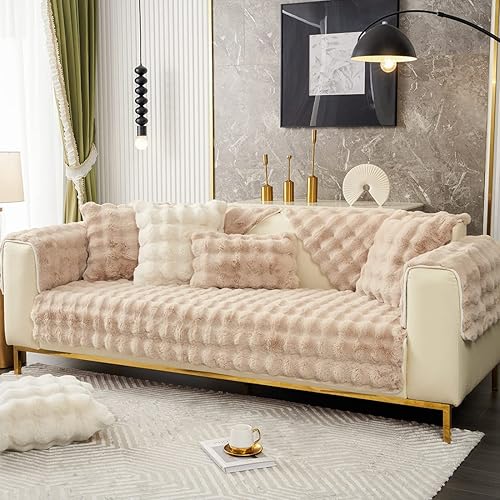 Miniatura 4 de Funda de sofá de piel sintética suave y cálida, gruesa y peluda, antideslizante, de color sólido, protector de muebles para niños, mascotas (marrón