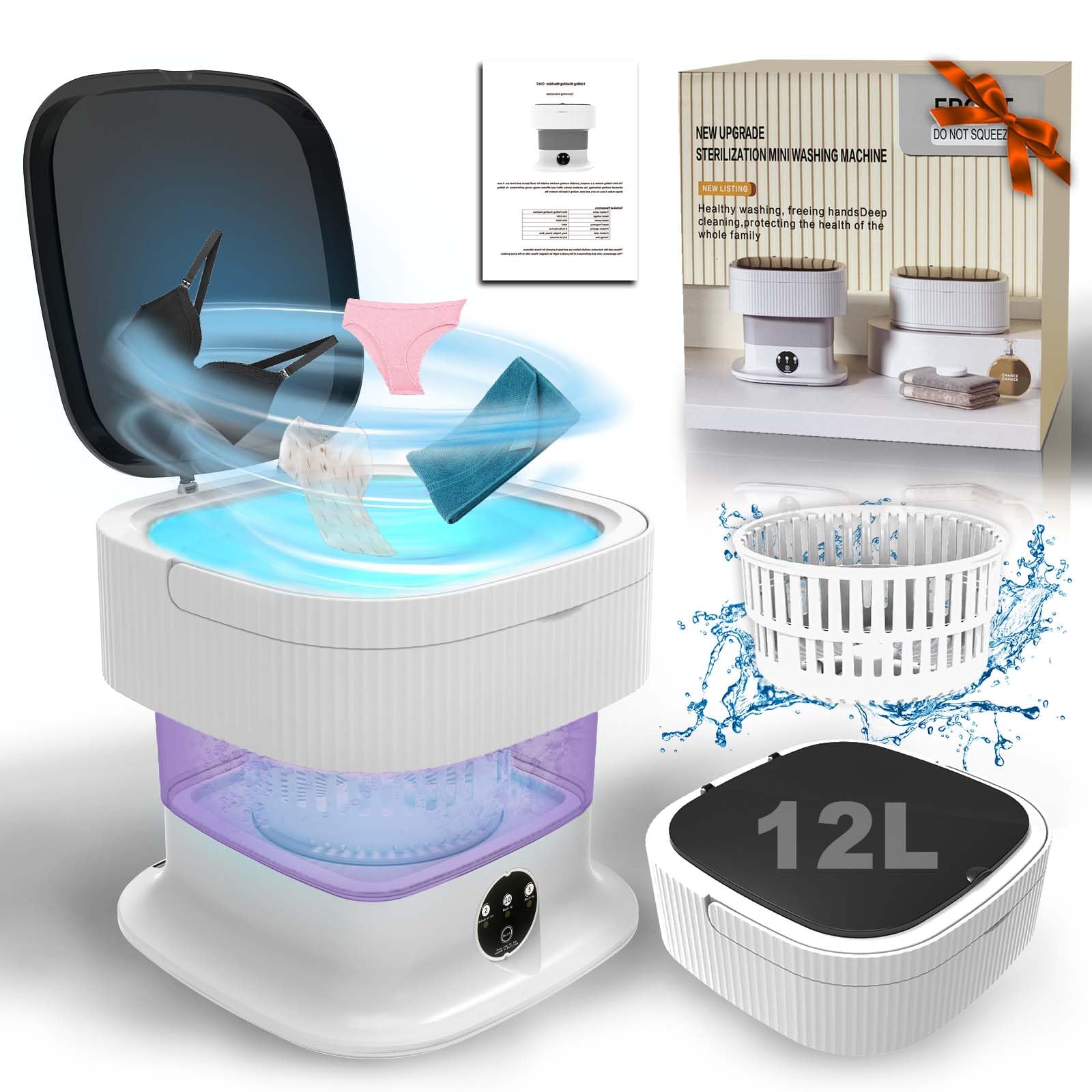 Pralka do bielizny, 12L składana mini pralka z głębokim czyszczeniem bielizny, ubranek dziecięcych, skarpetek i małych przedmiotów, do apartamentów, akademików, kempingów