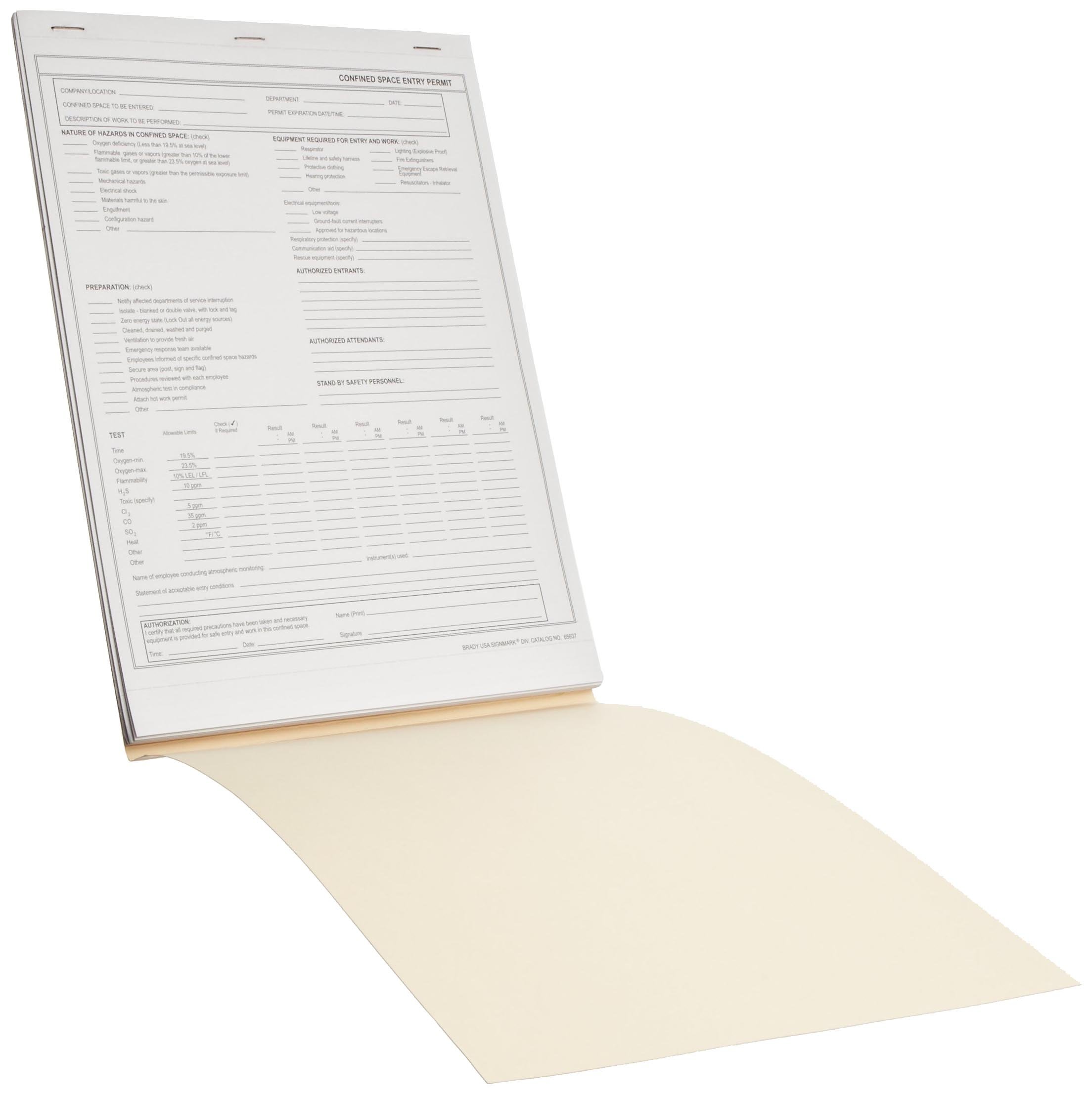 Brady 65937 11" Height, 8-1/2" Width, 2-Ply Carbonless, Black On White Color Confined Space Entry Permit, Legend "Confined Space Entry Permit... " (25