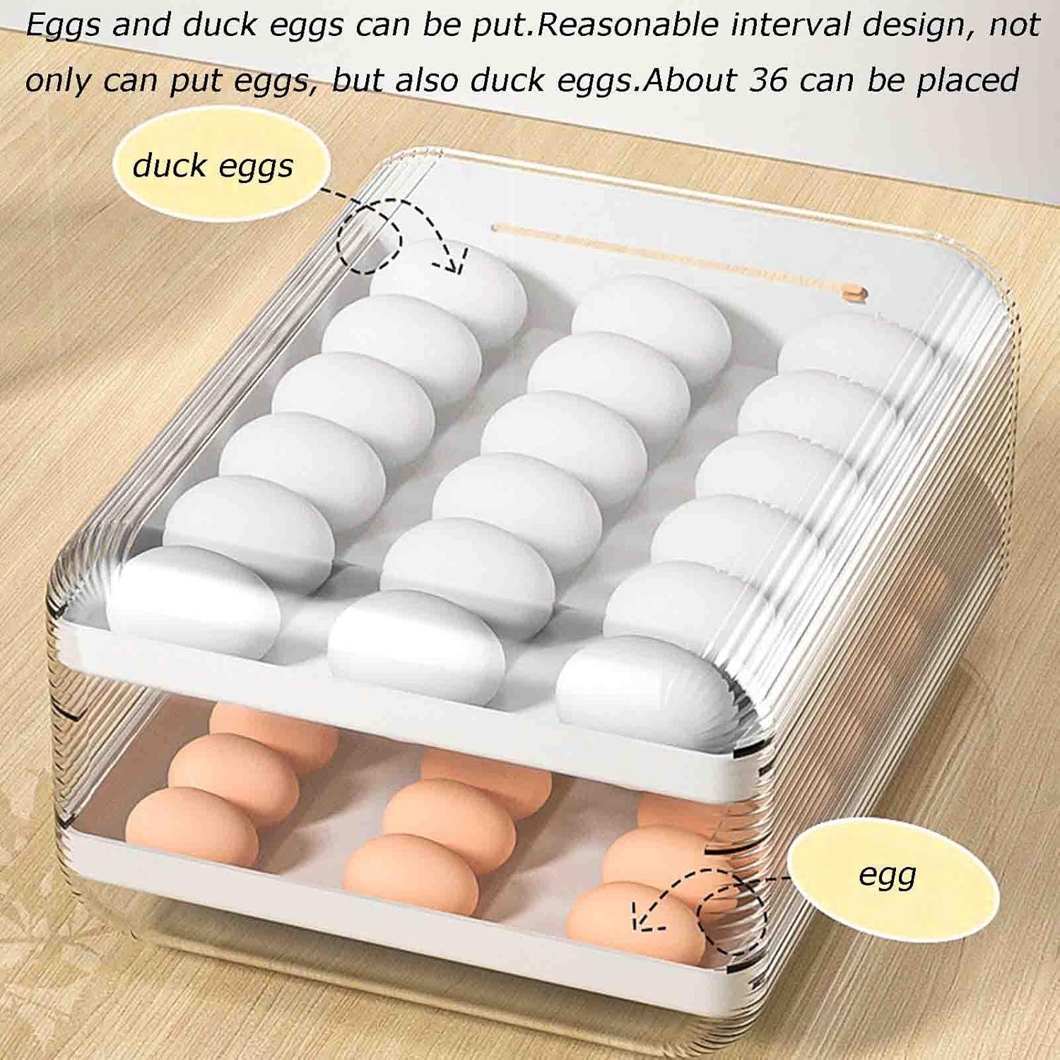 Egg Holder, Egg Storage Container for Refrigerator, 2-Layer Drawer Type Egg Fresh with Handles Stackable Plastic Egg Tray Holds 36 Eggs,Sliding Slide