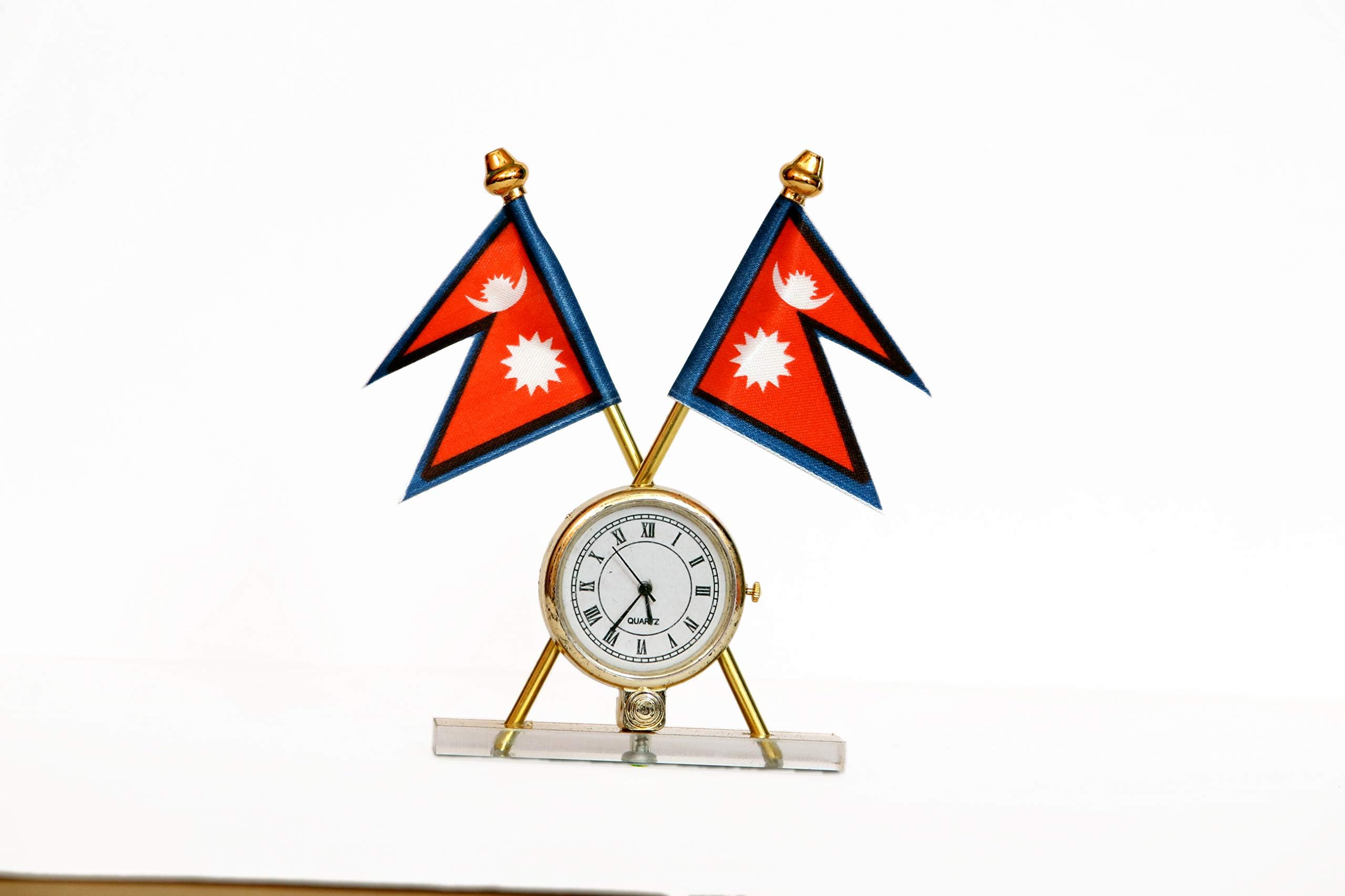 Nepal Crossed Design Flag With Watch - Red and White - Independence Day & Flag Day - Desk Flag - Standard Size