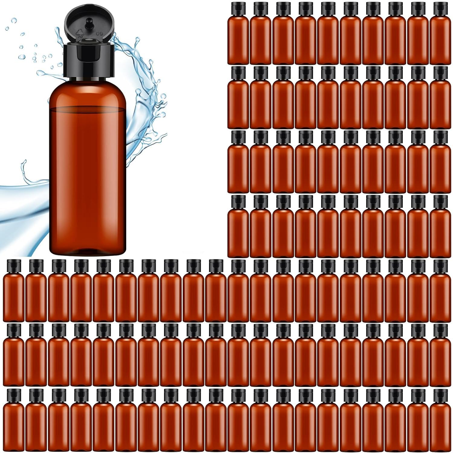 Hunky Dory 50pcs 50ml Amber Empty Plastic Bottles Refillable Travel Size Cosmetic Travelling Containers Small Leak Proof Squeeze Bottles with Black Flip Cap for Toiletries Oil,Shampoo.-picture-34