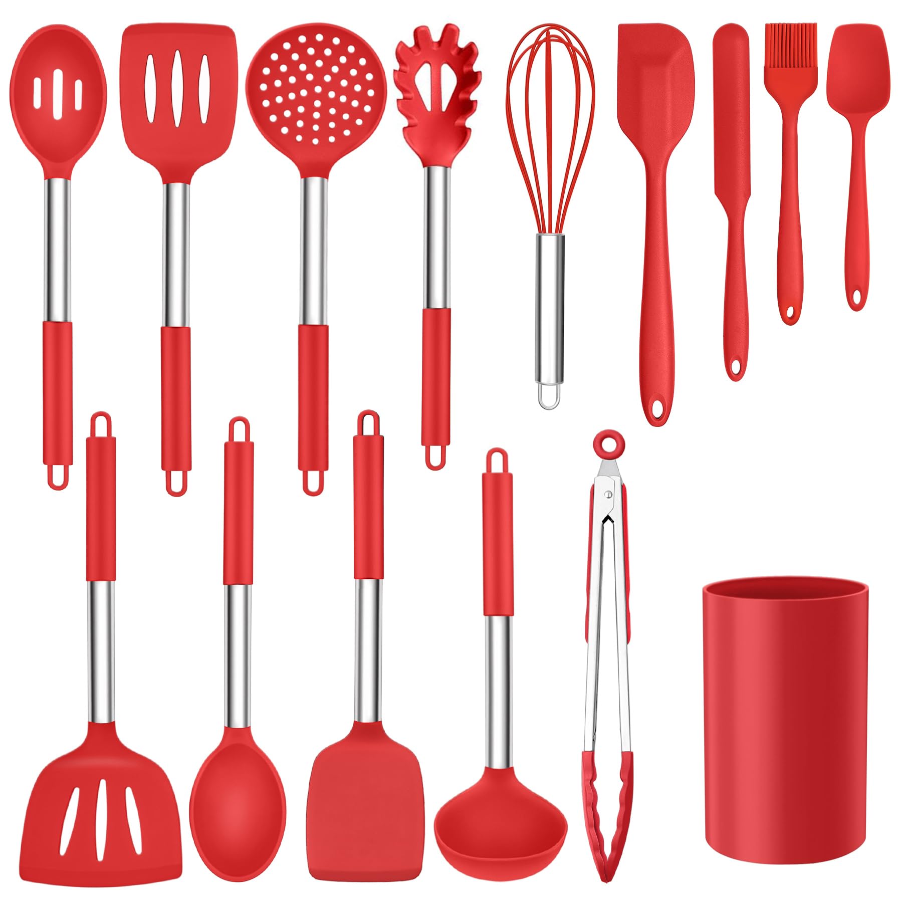 Onader 15 Pcs Silicone Cooking Utensils Set, Red Kitchen Utensils Spatula Set with Holder, Large Kitchen Gadgets Tools for Nonstick Cookware