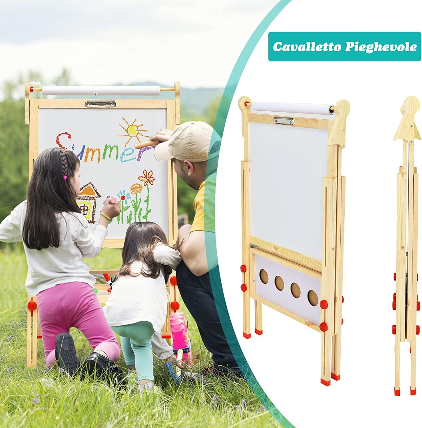 RELAX4LIFE 3 in 1 Lavagna Magnetica per Bambini, Cavalletto per Dipingere Pieghevole, Portatile/Altezza Regolabile 85-147 cm, Giocattolo Educativi 3+ Anni, in Legno di Pino, Accessori Completi