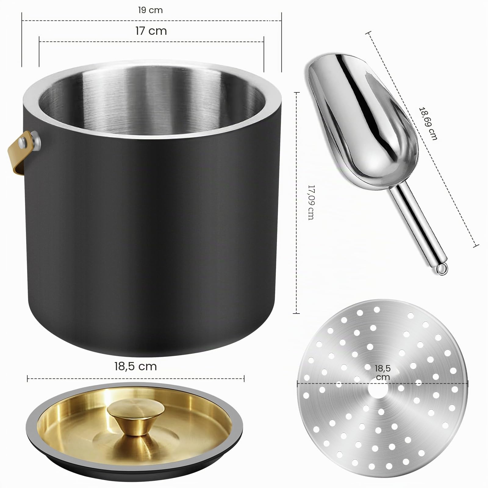 3.2L Cubitera Moderna Aislada con Tapa de Silicona, Pinzas, Colador, Cubitera de Acero Inoxidable de Doble Pared para Fiestas y Cocktail Bar, Ideal para Regalar