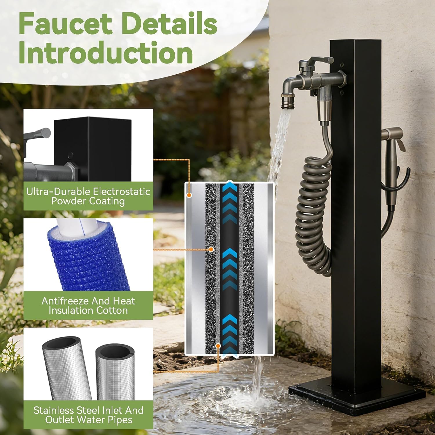 Edelstahl Garten Wassersäule mit Wasserhahn, Verzinkte Eckige Wasserzapfstelle, Mit Herausziehbarer Wasserleitung, Zwei Installationsmethoden, Schwarz Außen Wasserzapfsäule (60cm)