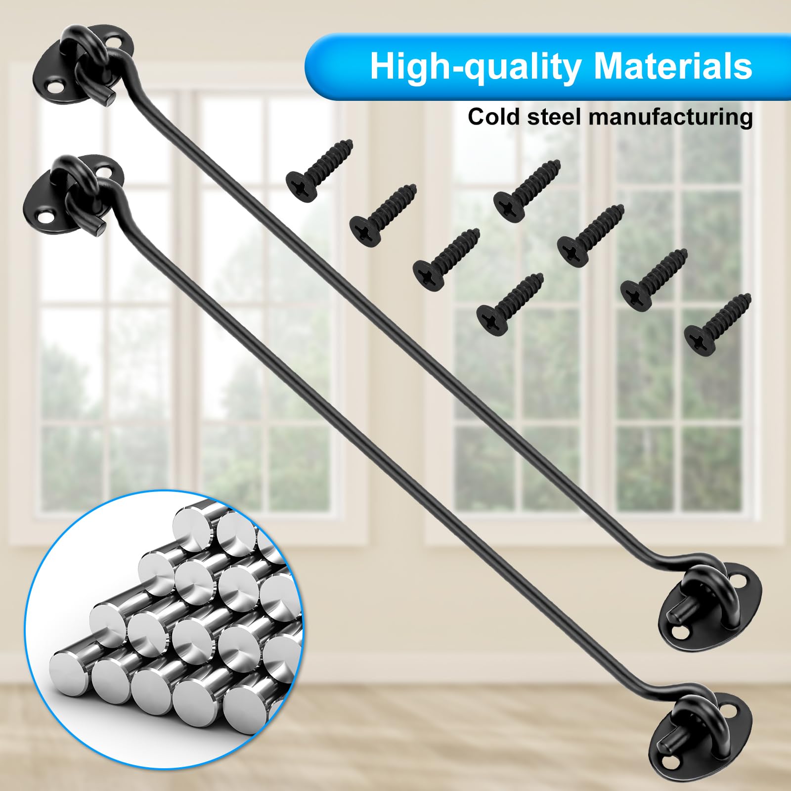 2 Pack Hook and Eye Latch Black 300mm(12") Cabin Hooks and Eye Metal Door Hook Latch Heavy Duty Cabinet Latches for Door Gate Window Closet Shed - Image 4