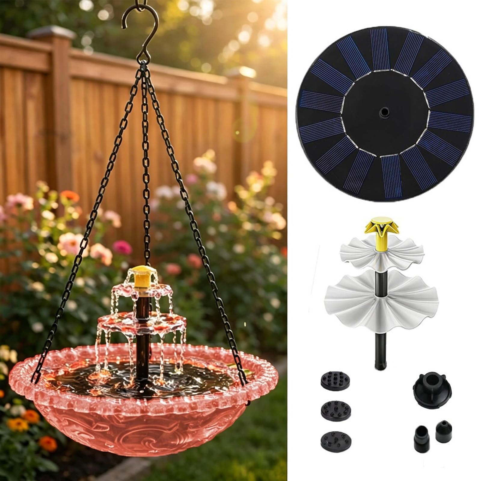 Mangiatoia per Uccellini da Esterno, Vaschetta per Uccelli Appendibile con Fontana Solare a Cascata, Kit Doccia per Colibrì, per Patio, Giardino, Balcone(Pink)