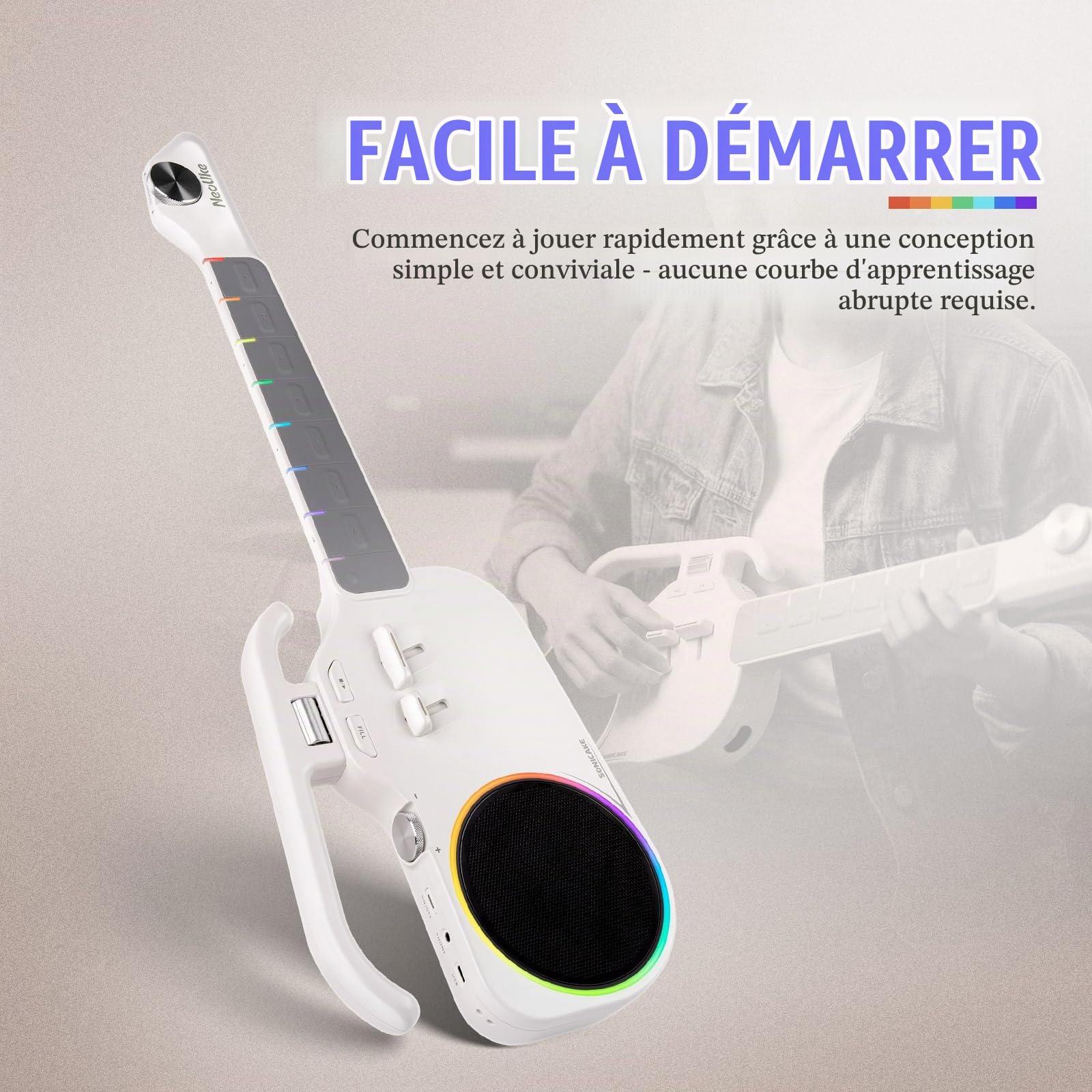 SONICAKE Guitare Intelligente Sans Cordes, Ukulélé Numérique à Manche Lumineux pour Débutants, Instrument de Voyage Portable avec Haut-Parleur BT 10W Intégré, Accompagnement Auto & App NeoUke