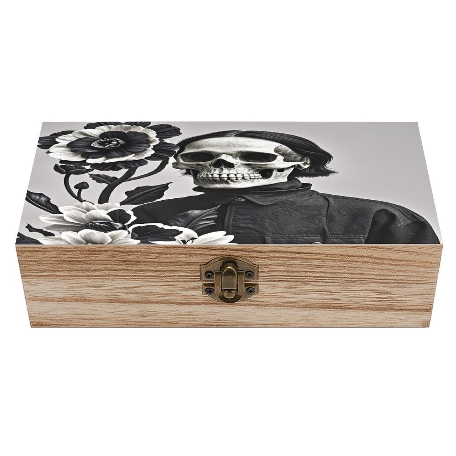FekiLoot Black And White Flowers And Skull Wooden Storage Box Exquisite Wood Keepsake Box Vintage Wooden Gift Jewelry Case for Crafts And Photo Storage Boxes