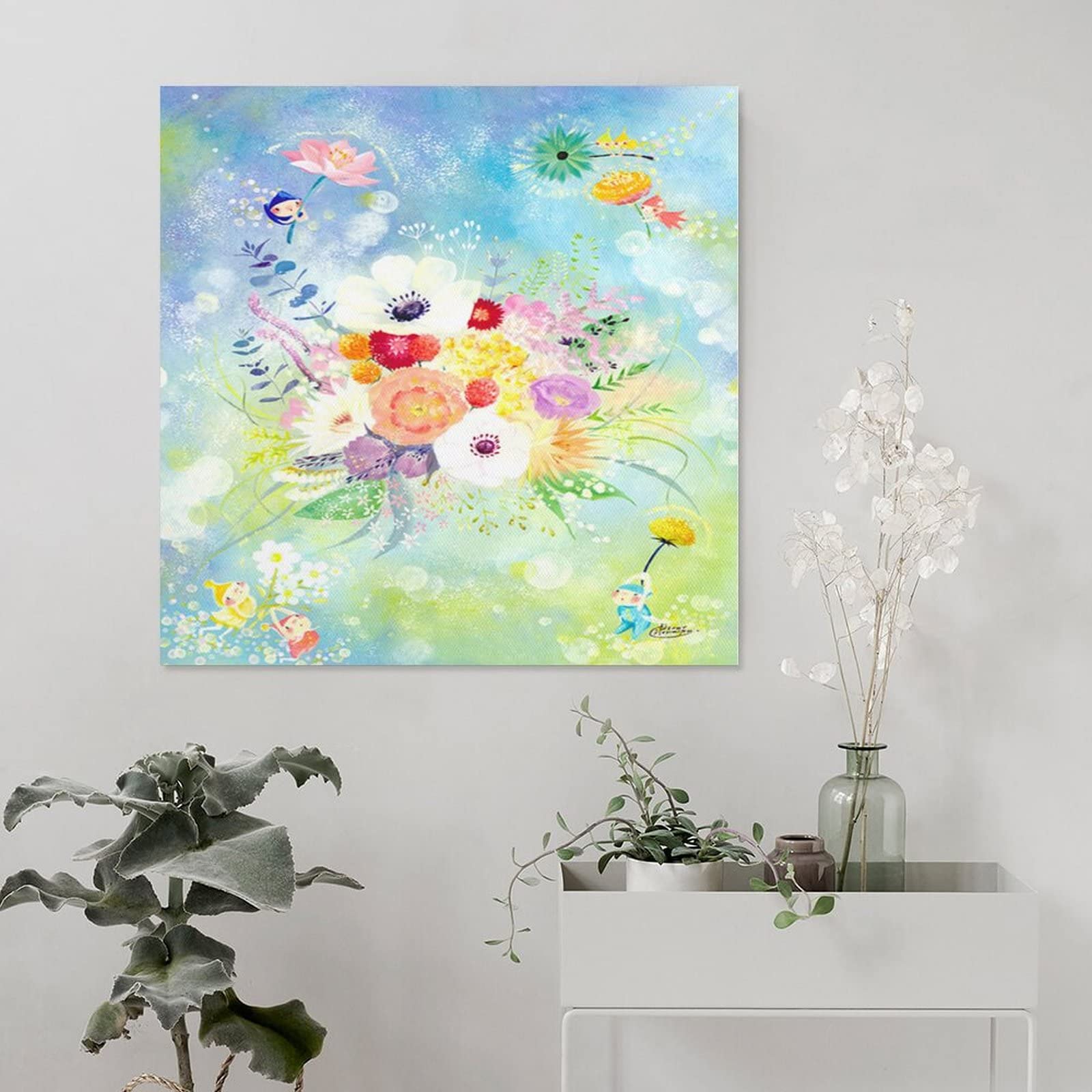 No.226フレーム付きキャンバスアート　インテリア　花の絵画　アートポスター Amazon.co.jp: 花 絵画 インテリア 「幸せの花束(虹色)」 アート