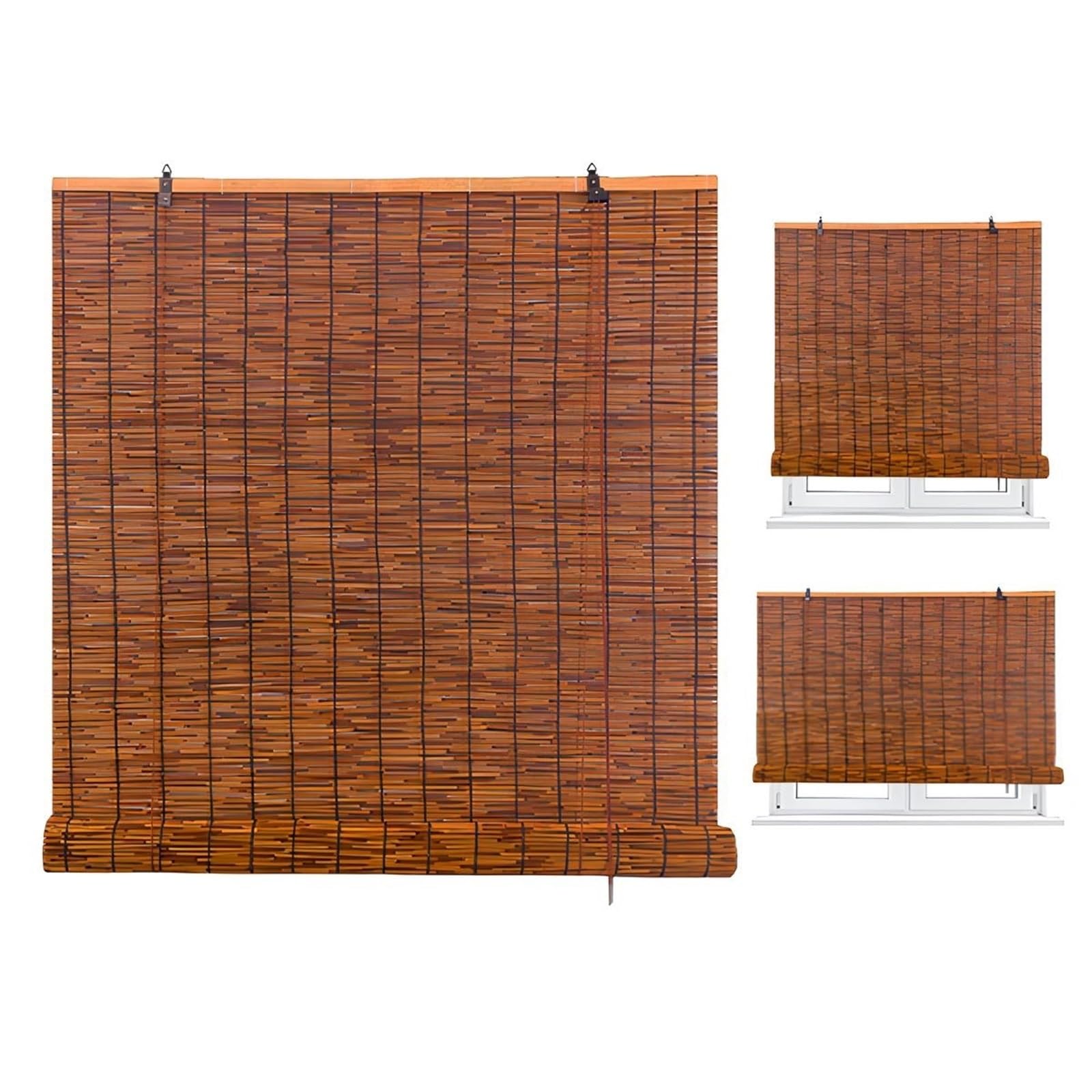 Store Enrouleur en Roseau Extérieur, Rideau De Roseau Occultants À 70%, Rideau Bambou Naturel Imperméables pour Fenêtres Véranda Jardin Pergola Balcon Cuisine(Brown,W150*H200cm)