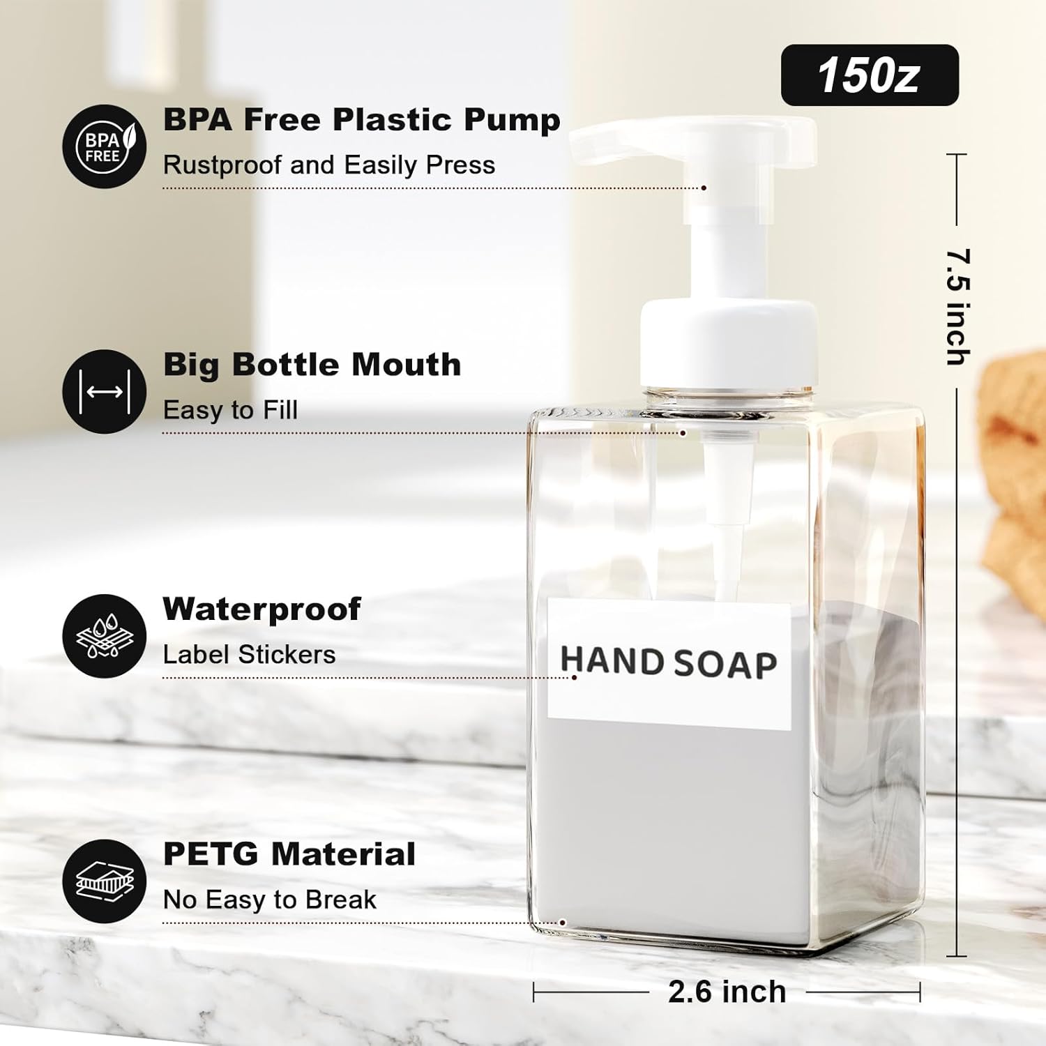 Foaming Soap Dispenser for Bathroom & Kitchen 15 Oz, Refillable Foam Hand Soap Dispenser for Liquid Soap, 2Pcs Foam Pump Bottle with Waterproof Labels, Clear - Image 2