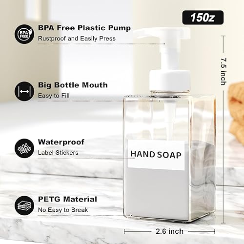 Miniatura 2 de Dispensador de jabón espumoso para baño y cocina, 15 onzas, dispensador de jabón de manos de espuma recargable para jabón líquido, 2 botellas de