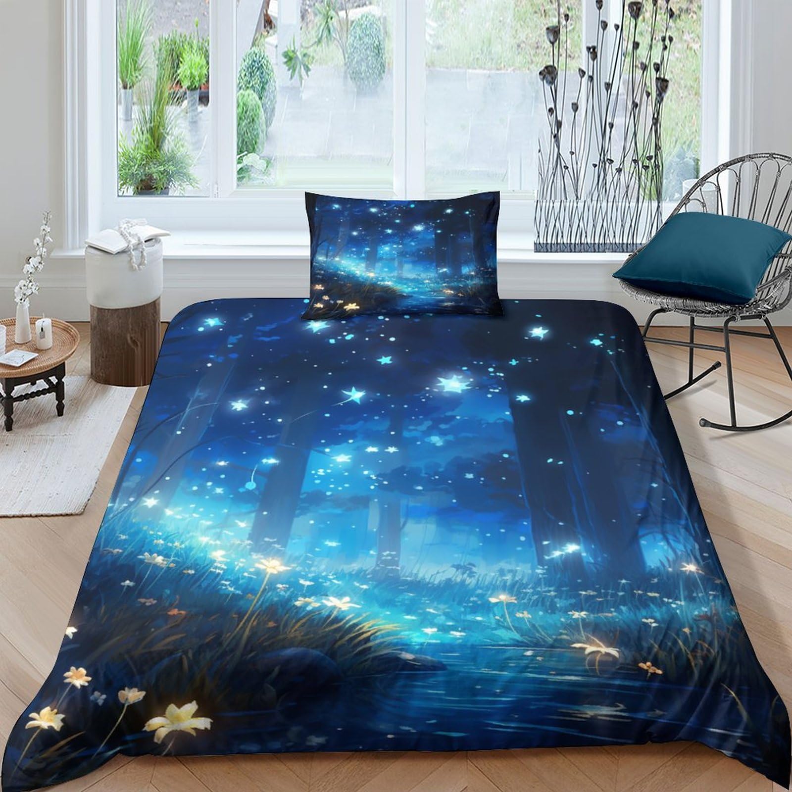 Housse de couette 135x200cm starlight pour chambre d'enfant et ado parure lit simple nuit étoilée