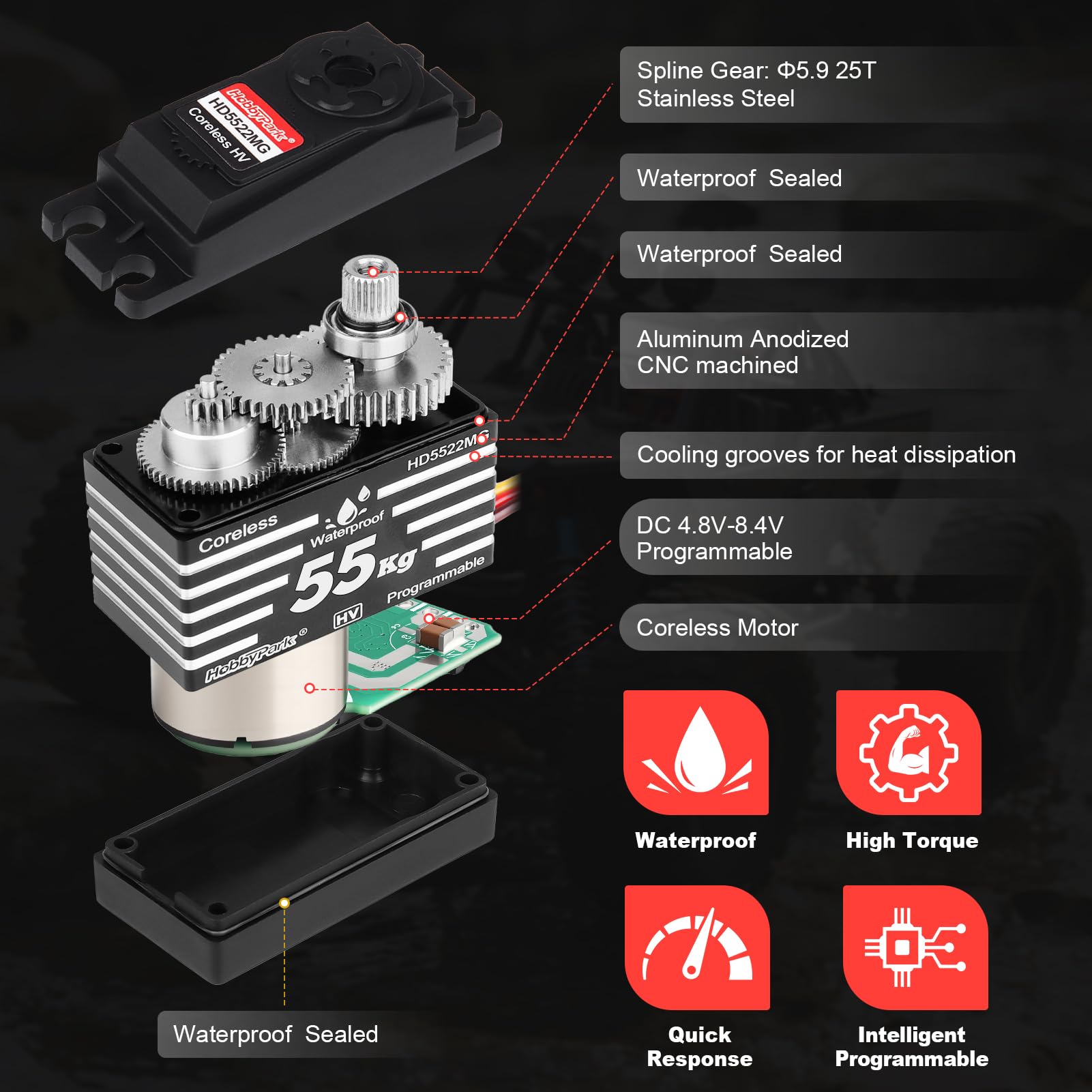 HobbyPark Servo RC impermeable de alto par de 55 kg, motor sin núcleo, tamaño estándar, servos de dirección RC, HV 4.8-8.4 V, todos los engranajes de metal para coches RC 1/8 1/10, camiones, Buggy