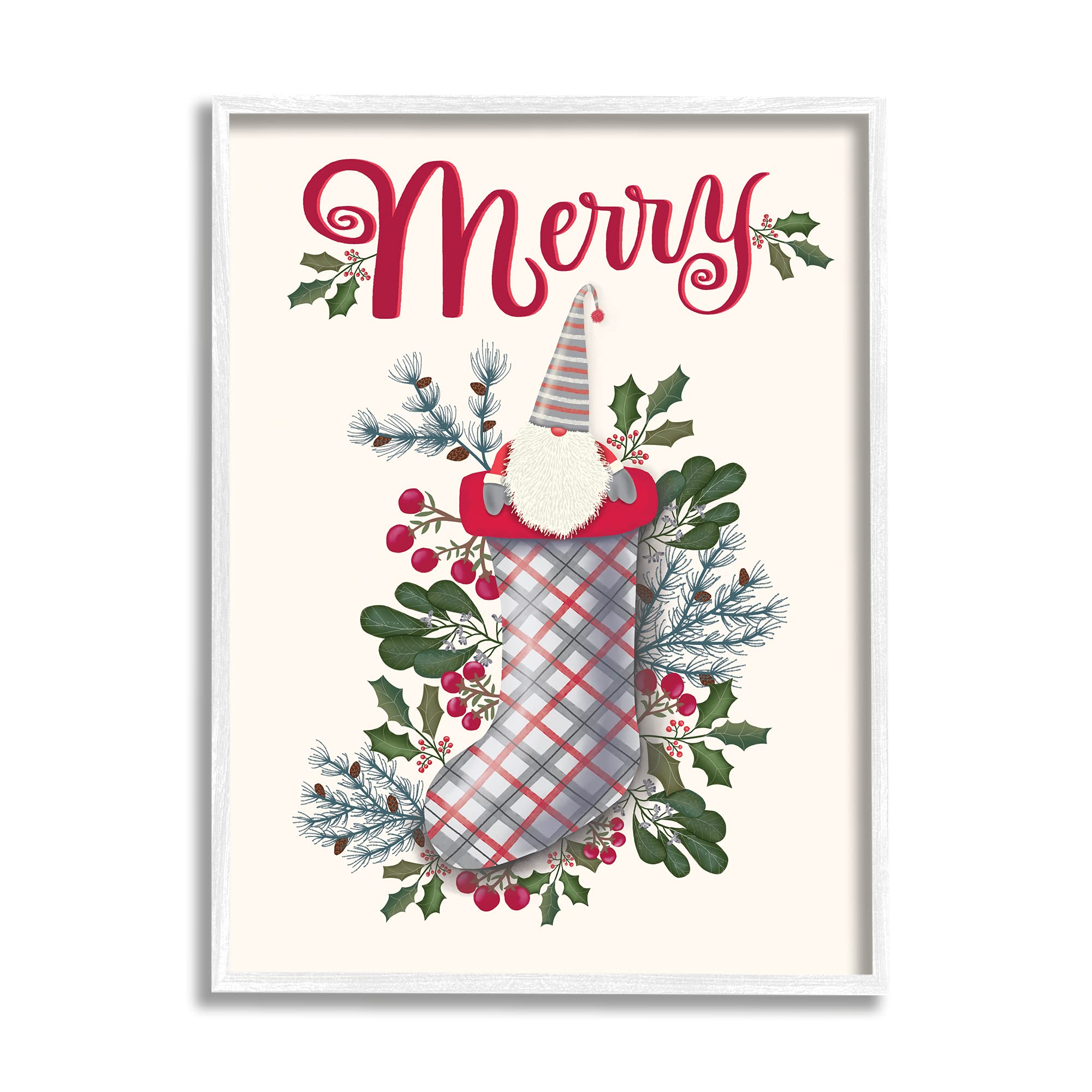 Stupell Industries Merry Sentiment Christmas Gnome in Plaid Holly Stocking, Designed by Darlene Seale White Framed Wall Art, 24 x 30