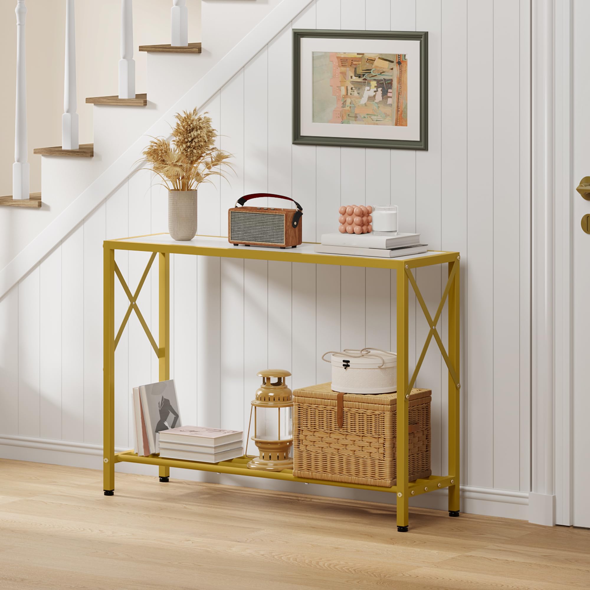 Tajsoon Eingangstisch, 106 cm, 2-stufiger Eingangs Konsolentisch, Schmaler Sofatisch mit Ablagen, Ideal für Flur, Eingangsbereich, Wohnzimmer, Foyer, Korridor und Büro, Gold und Weiß