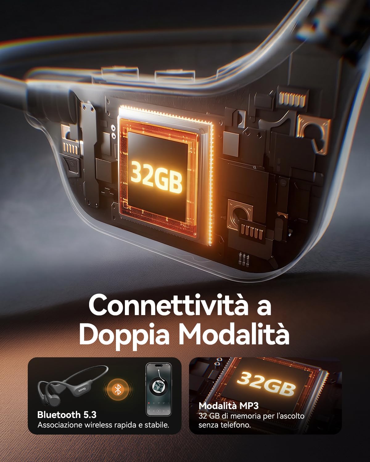 SANAG Cuffie Conduzione Ossea, Bluetooth 5.3 Cuffie Sportive Wireless, Impermeabili IPX8 con Memoria Integrata, Design Open-Ear, Tasti Fisici Tattili, per Corsa, Fitness e Nuoto, Nero