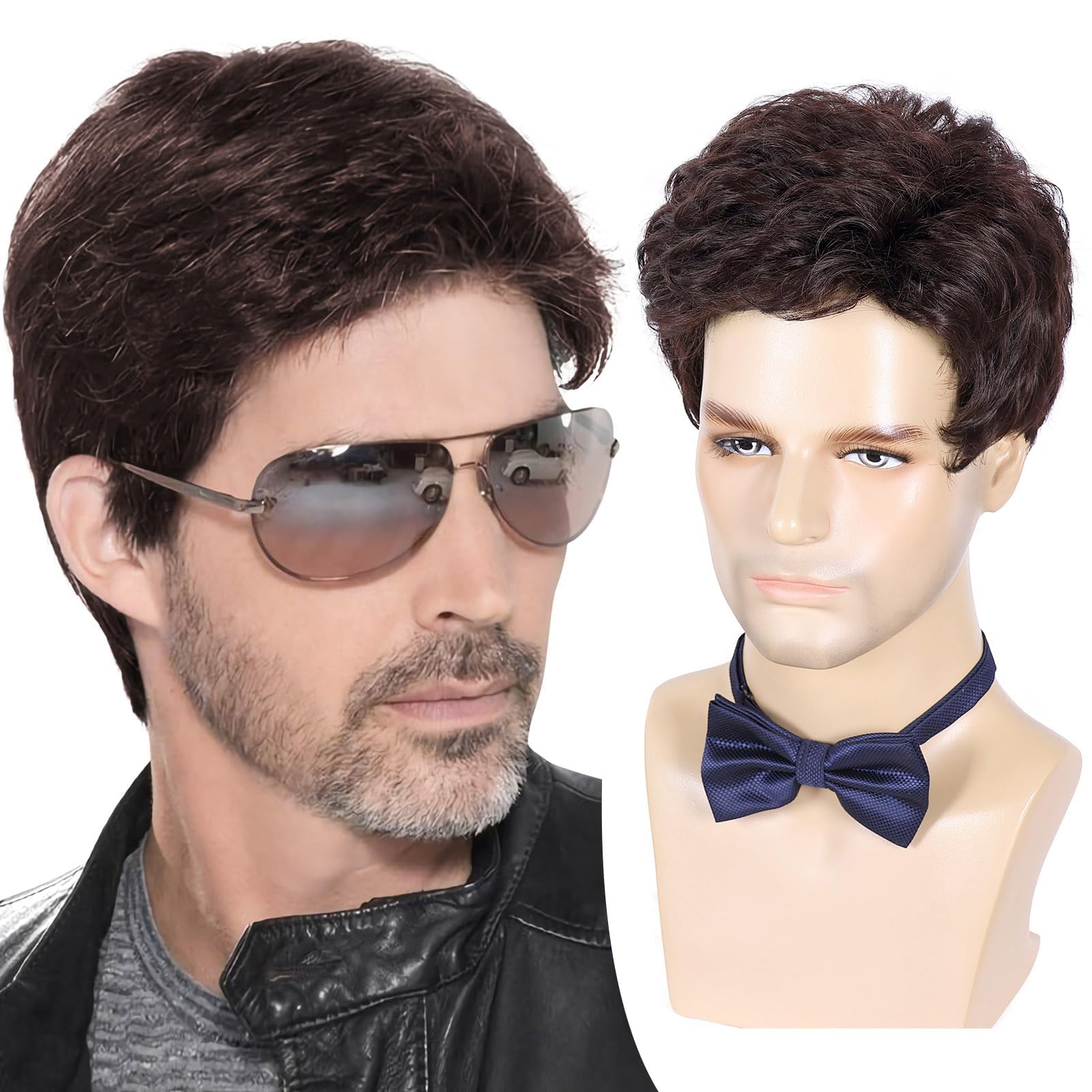 KASTWAVE Mens Brown Wig, Short Brown Wig Men Layered Natural Fluffy Synthetic Hair Halloween Costume Wigs for Men Man