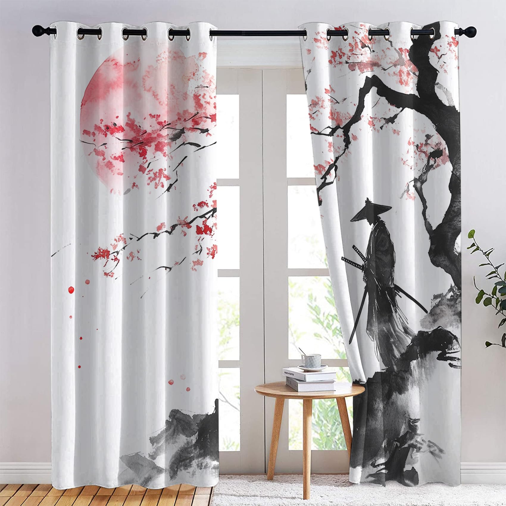 Rideau Occultant Japonais - Décoration Japonais, Rideau Thermique Motif Fleur de Cerisier Samouraï, Lot de 2 Rideaux Opaque à Oeillets pour Fenetre Chambre Salon, 140x240 cm (LxH)