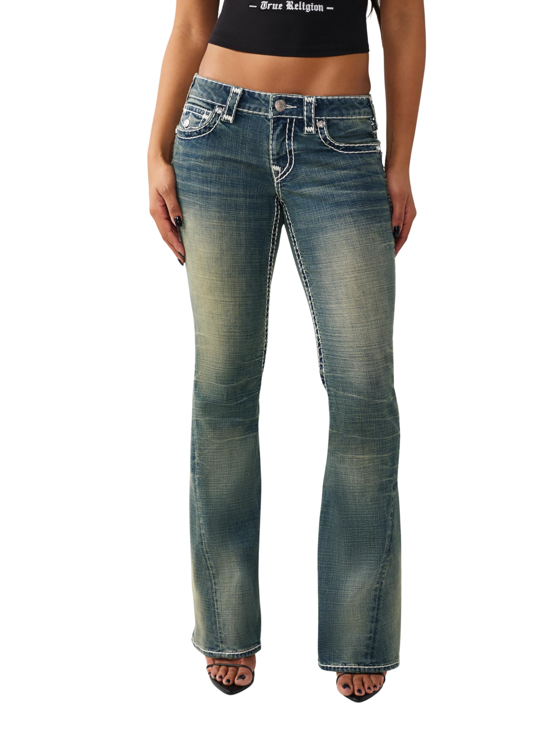 True Religion Women’s Joey Low Rise Super T Flare Jean – Stretch Denim, Low Rise Fit, Iconic Flare Leg