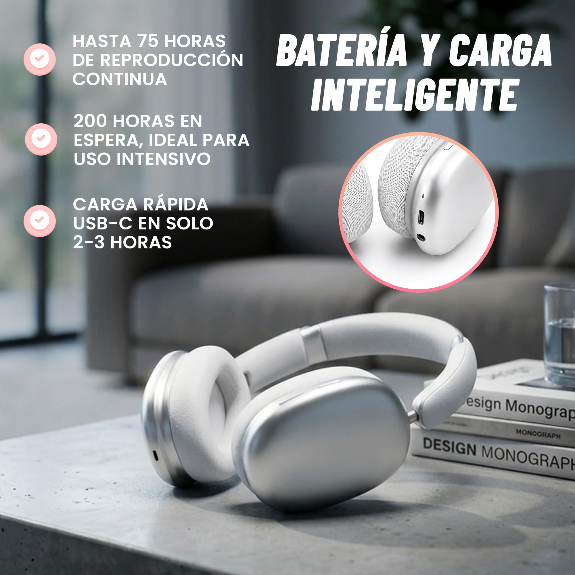 BEBEAT - Auriculares Inalambricos Bluetooth Diadema con Cancelación de Ruido Activa - 75 Horas de Uso - Carga Rápida, Ecualizador, Carga USB-C, Rango de 10 m, Llamadas Nítidas, iOS y Android.