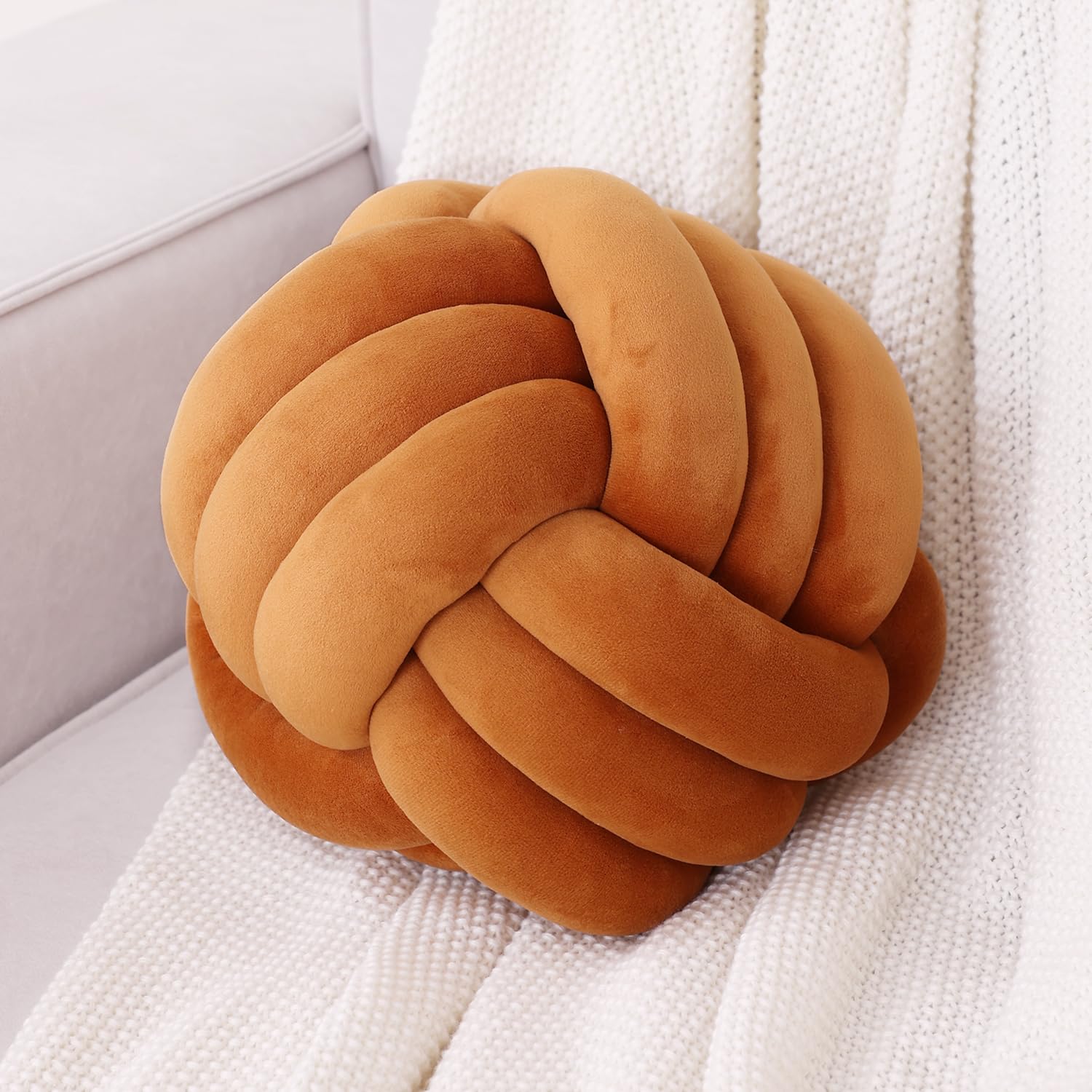 Knot Pillow Ball, Soft Home Decorative Round Throw Pillows Cushion, Handmade Knotted Plush Pillow for Bedroom, Sofa, Couch(11 Inches Caramel)