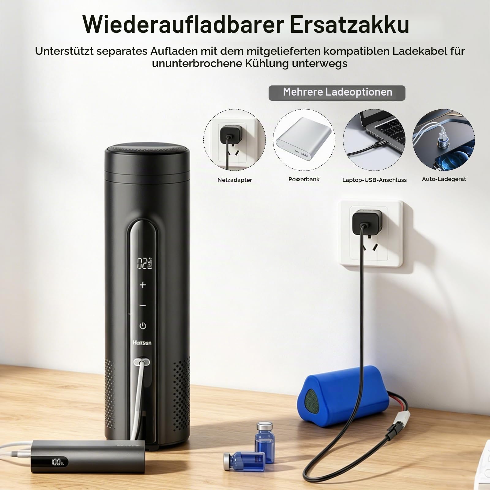 Insulin Kühlbox Elektrisch, mit 2x10200mah Wechselakkus | 12-24 Std. Laufzeit, 0–18 °C Tragbarer Insulin Pen Kühler, USB Insulin Kühltasche für Reisen, für bis zu 7 Pens geeignet