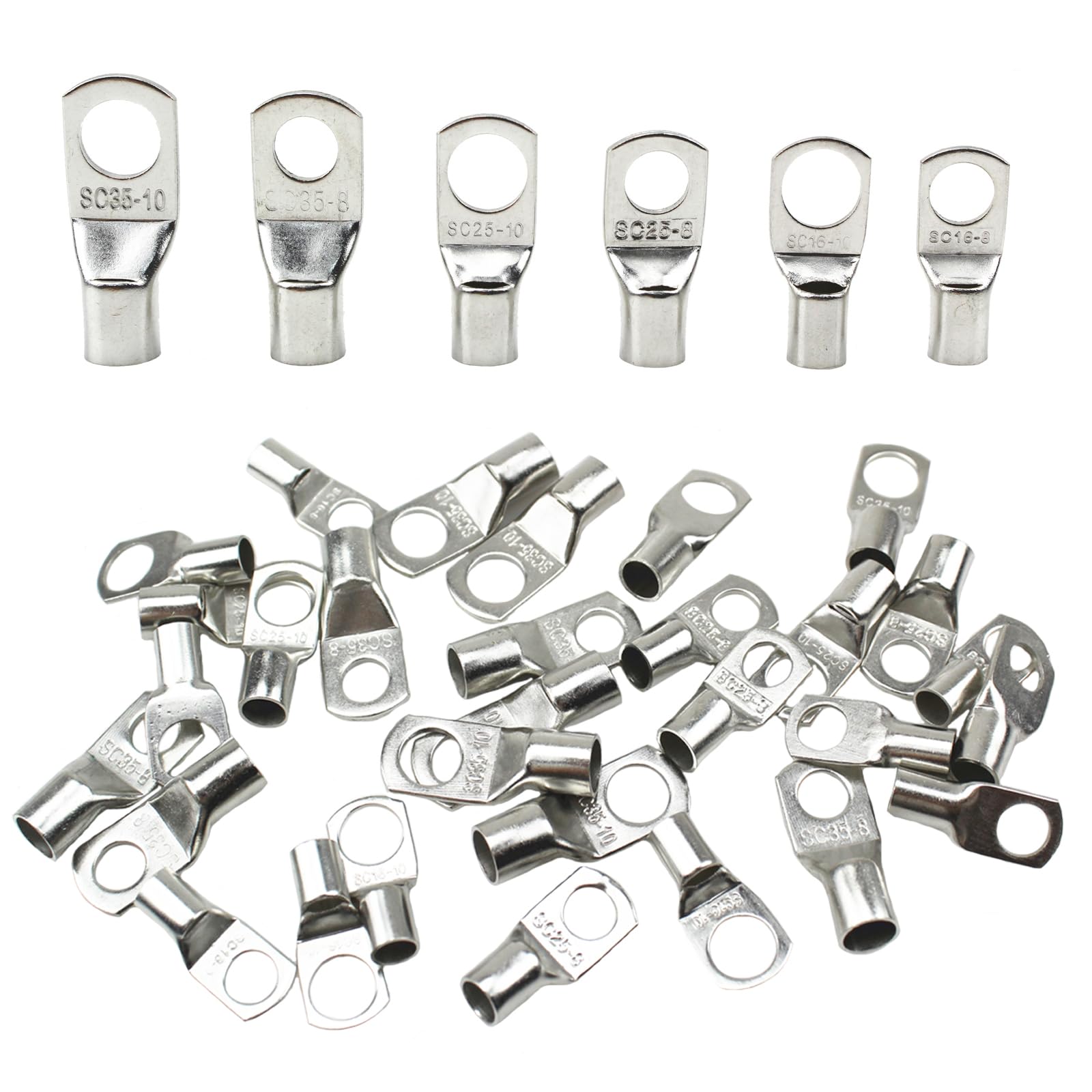 Gad2go 36 Pieces Tinned Copper Wire Lugs SC Ring Wire Terminals Connectors Bolt Hole M8 M10 Wire Lugs Battery Cable Ends for 16mm² 25mm² 35mm² Electrical Cable