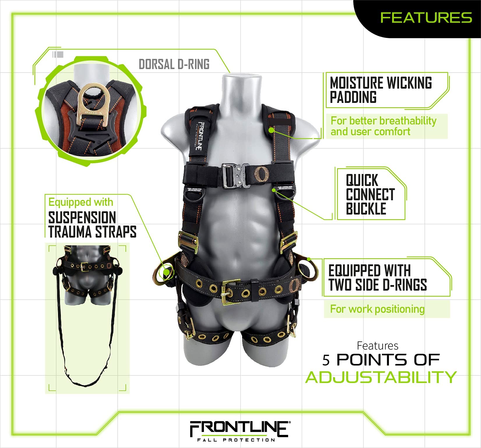 Frontline Fall Protection Combat Construction Full Body Harness + D