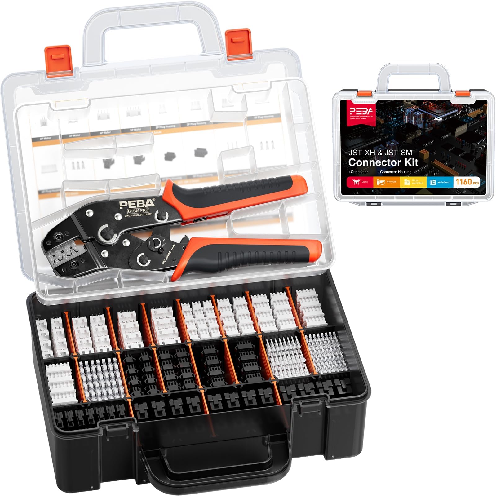 PEBA Crimping Tool JST Connector kit, 19 Types JST-XH/JST-SM 2.5mm Connectors kit, Crimper Tool AWG32-20 for 3.0mm, 2.54mm, 2.5mm, 2.0mm Pitch JST(XH/SM/PH/SYP/RE), Dupont, MolexTE, KF2510 Terminals