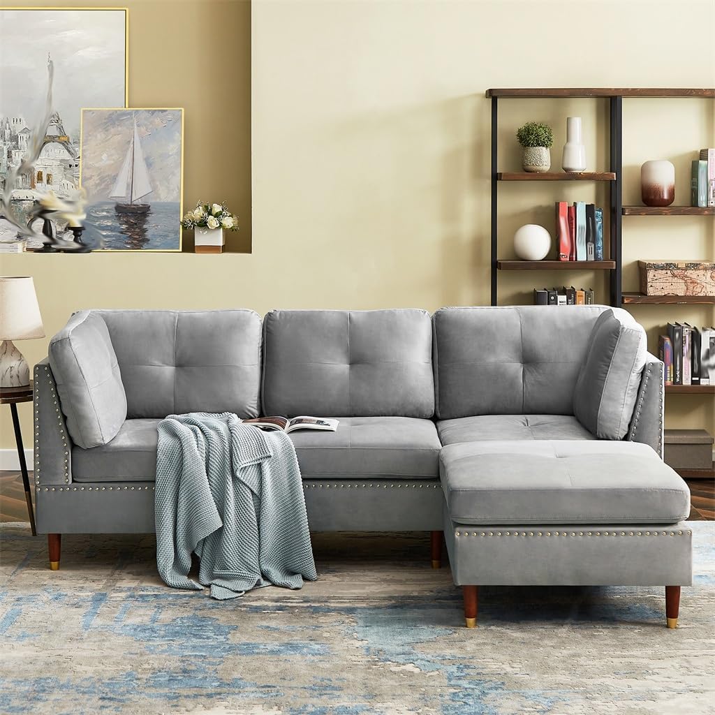 Sectional Sofa Couch with Ottoman, L-Shaped with Nail for Apartment and Living Room