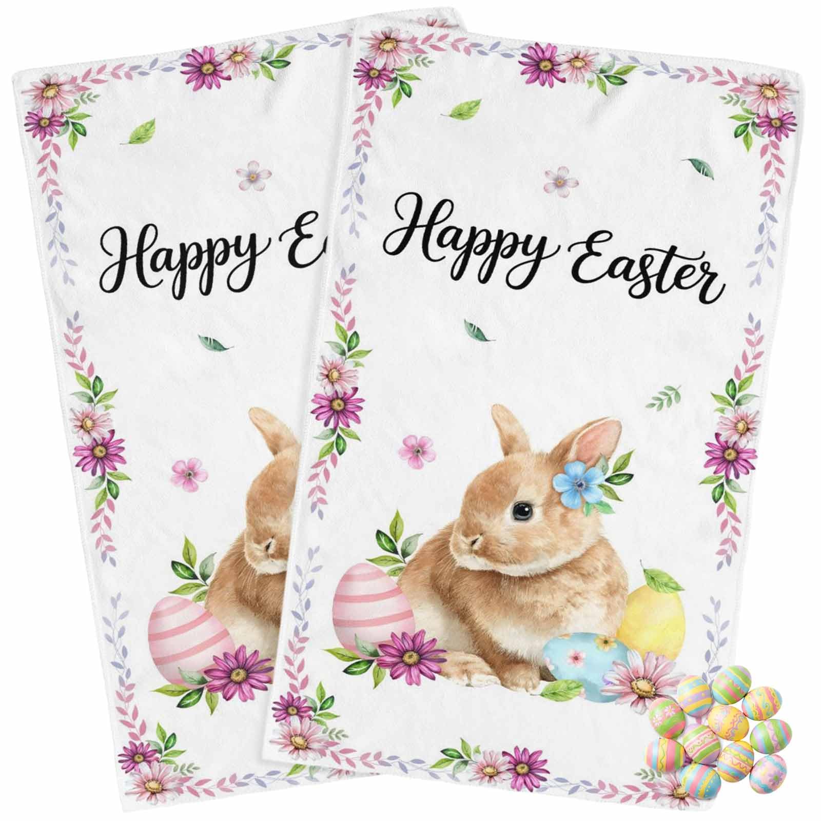 Kitchen Towels Pack of 2 Farmhouse Bunny Easter Egg Dish Drying Towels,Soft Absorbent Microfiber Cleaning Cloths Watercolor Wildflower Leaves Quick Drying Hand Towels Set,18×28 inches