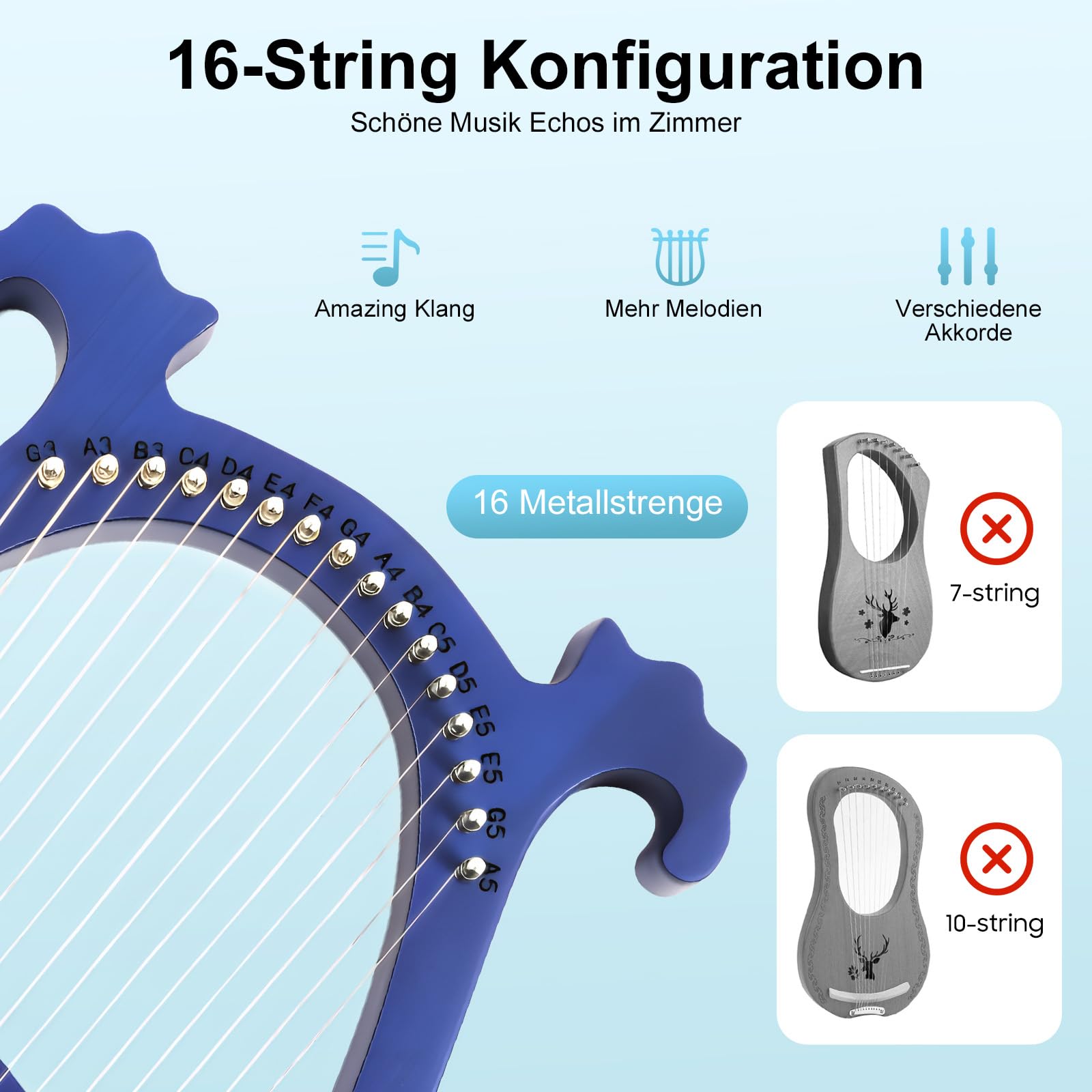 Lyre Arpa Strumento Piccola Arpa Lira 16 Corde, Lira Arpa Mogano 16 Corde con chiave a accordo, Eccellente qualità del suono, ideale per bambini e principianti.