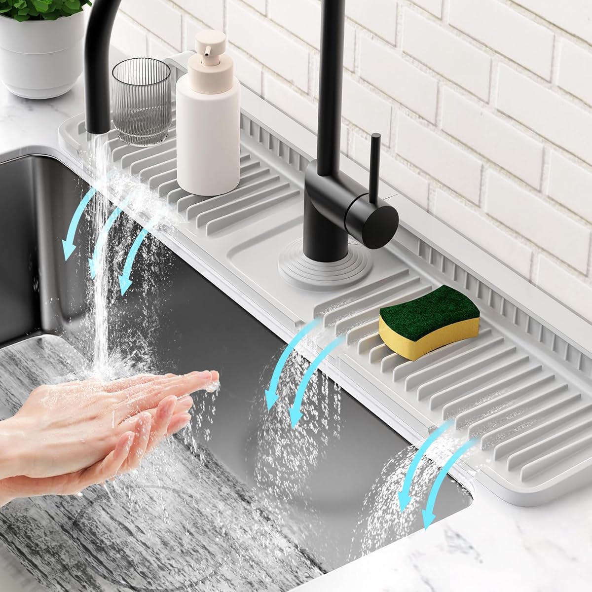 24'' Folding Faucet Mat for Kitchen Sink Splash Guard[7° Slope Fast Self-draining][Snap Lock Fit] Kitchen Sink Faucet Mat Splash Guard Kitchen Sink Area Water Splash Guard Behind Faucet Draining Mat