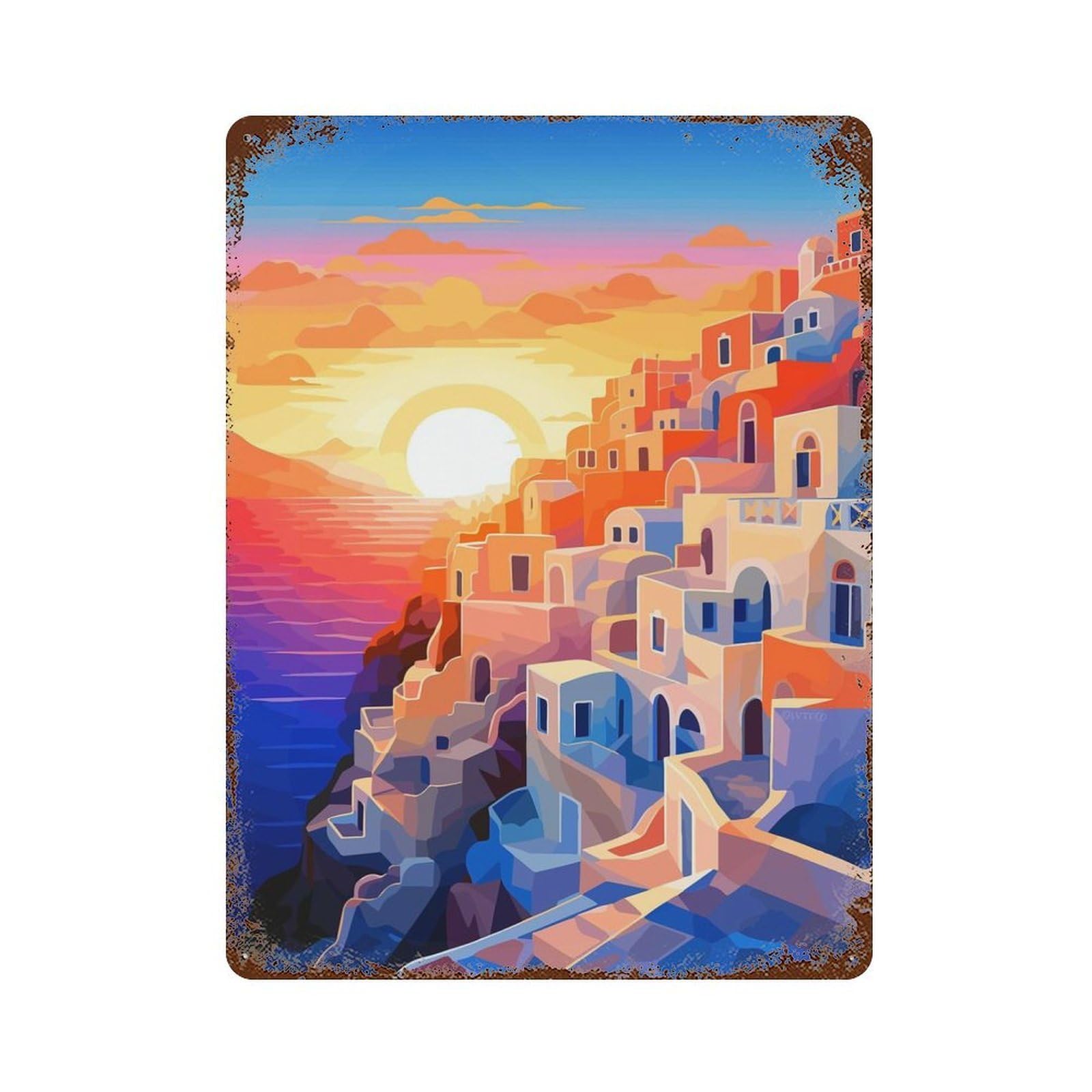Garage Style Santorini Sunset Travel Distressed Metal Wall Sign 15.7"x11.8", Vintage Wall Decor for Bar And Workshop