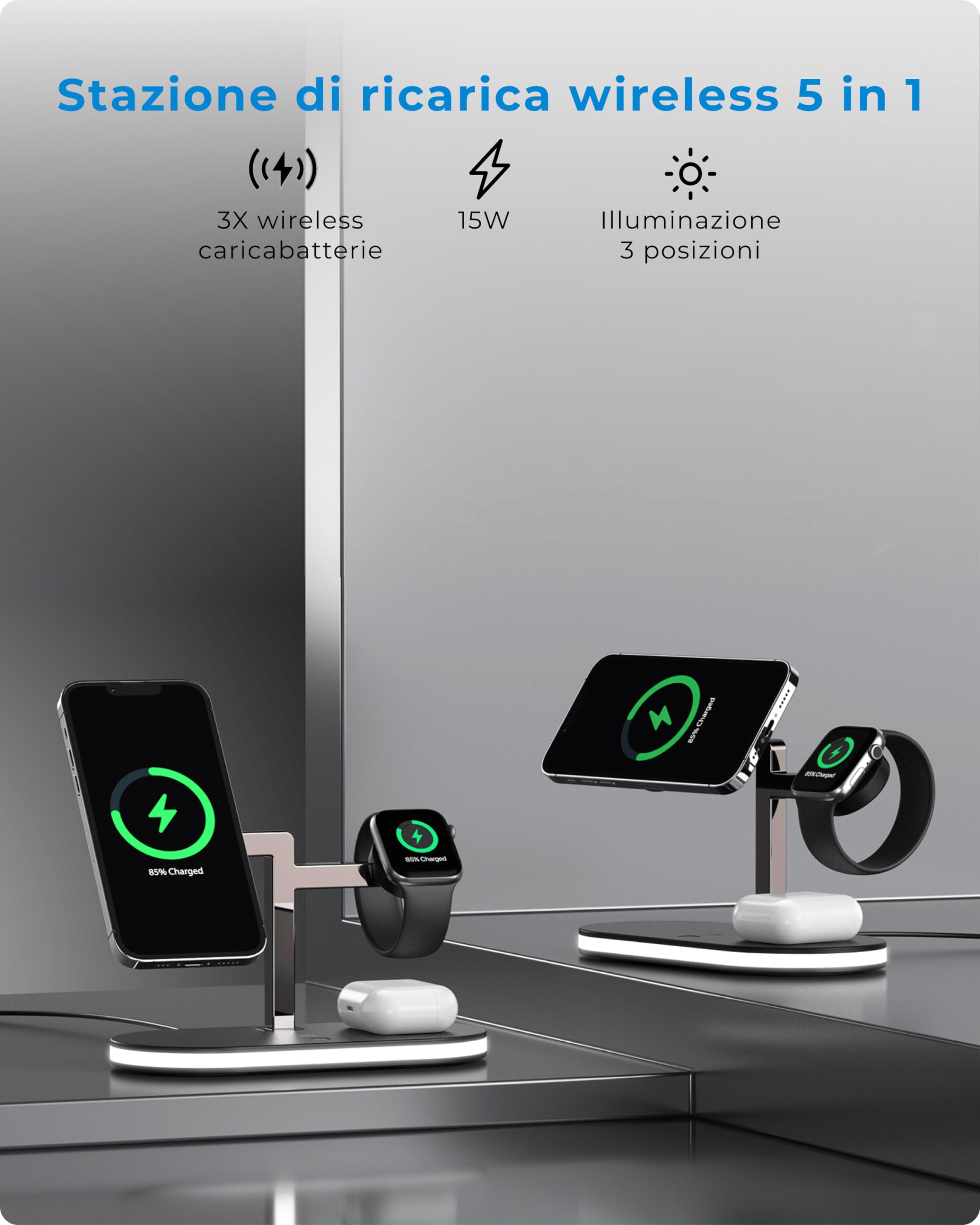 VOOMY Stazione di Ricarica Wireless 3-in-1 VOOMY Qi 15W per iPhone 13, Apple Watch 8/9/Ultra 2/SE, AirPods Pro/Max/3/2 - con Luce LED e Porta USB-A, Certificazione CE-ROHS, Schwarz
