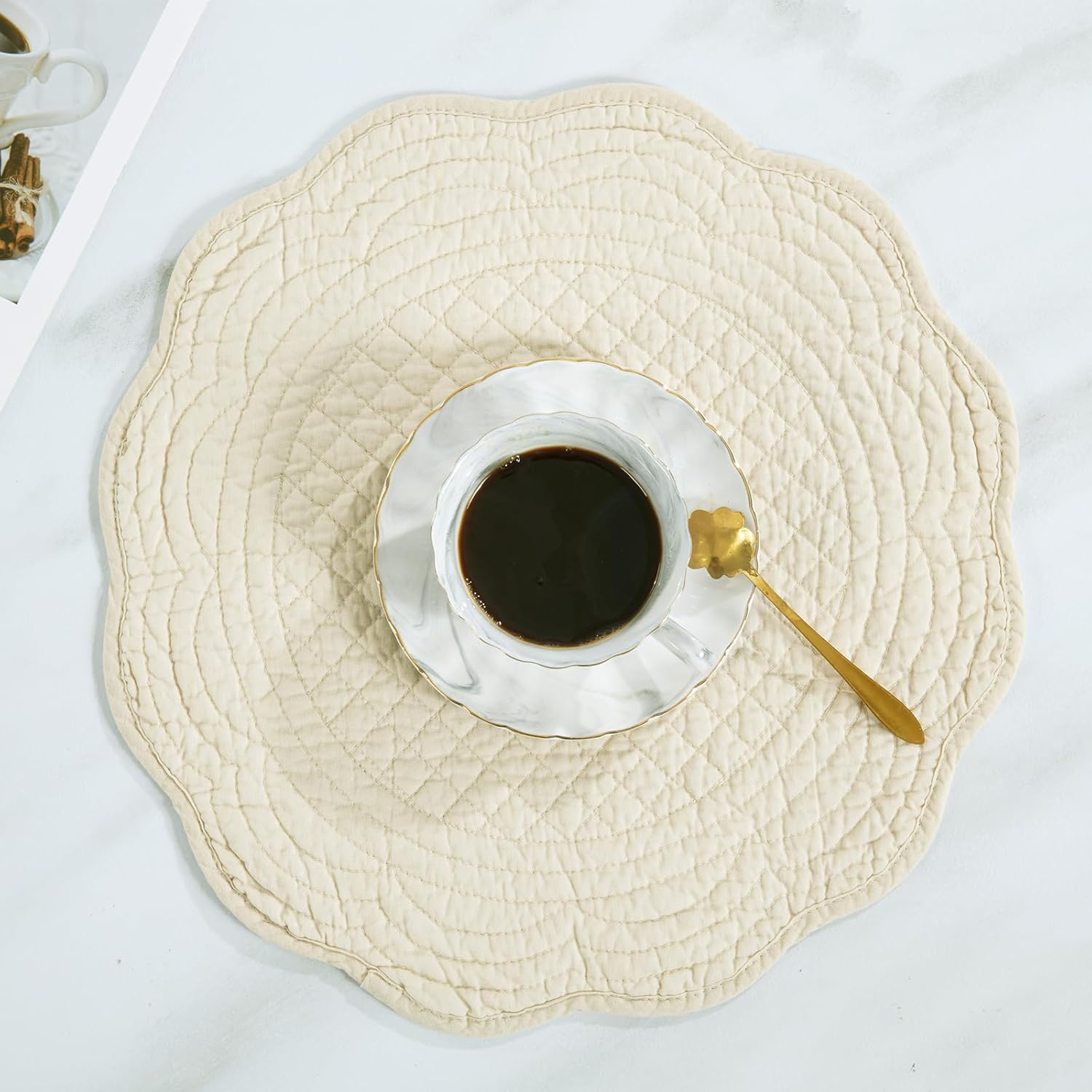 HOMBYS Quilted Placemats Set of 6 Washable Round Placemats for Kitchen Table-100% Cotton Fabric 15 Inch Round Table Mats, Cotton Fabric with Microfiber Filling, (15"x15", Flax)