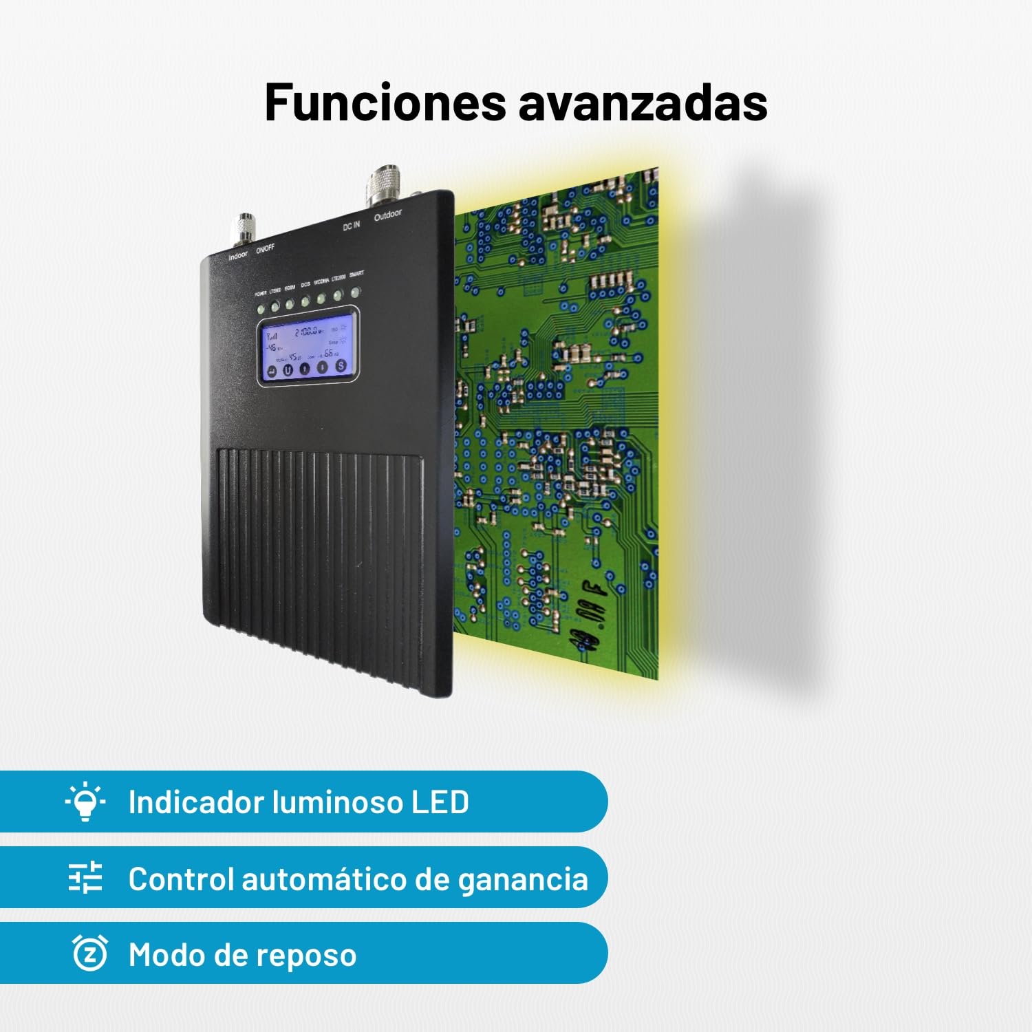 Amplificador de Señal Móvil para Llamadas, 3G, 4G, 5G – Hexabanda (700/800/900/1800/2100/2600 MHz) – Cobertura hasta 300 m² – Compatible con Todos los Operadores – CE y RoHS
