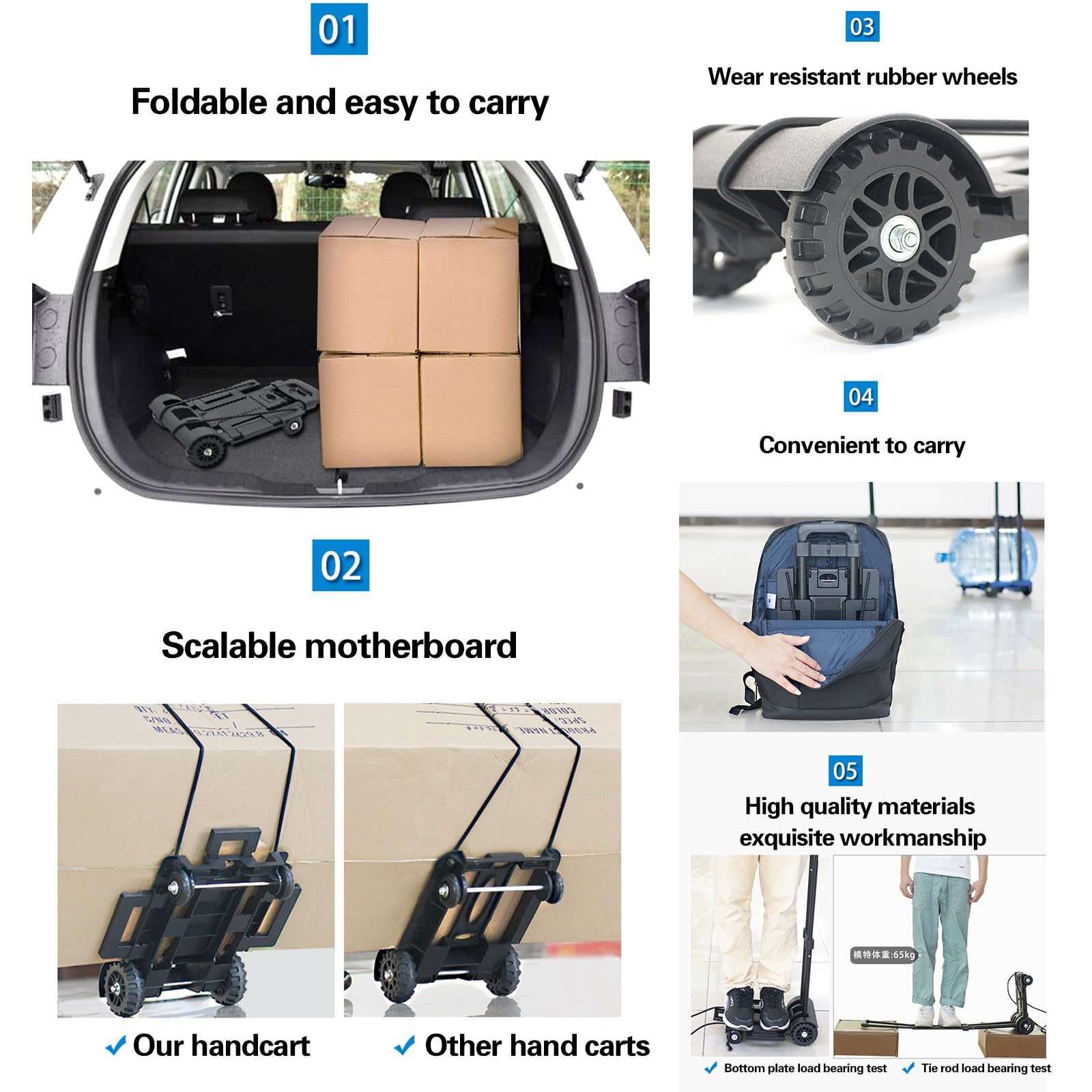Carrelli manuali pieghevoli con 2 ruote, carrello resistente per il sollevamento di bagagli, viaggi personali, traslochi automobilistici e ufficio, capacità di carico di 65 kg A