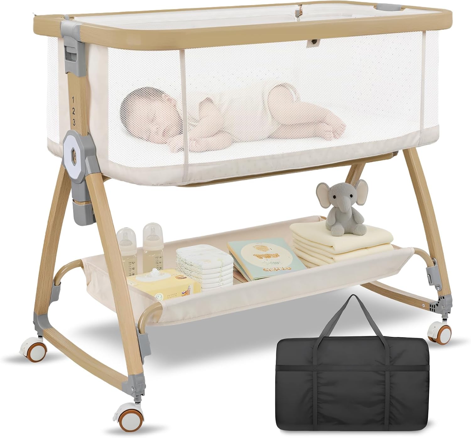 Bassinet Bedside Sleeper,Baby Bassinet,Rocking Bassinet,4-in-1 Full Mesh Quick Assembly Portable Bedside Crib with Mattress,Mosquito Net,6-Level Height Adjustable Bassinet with Travel Bag for Newborn | Breathable material