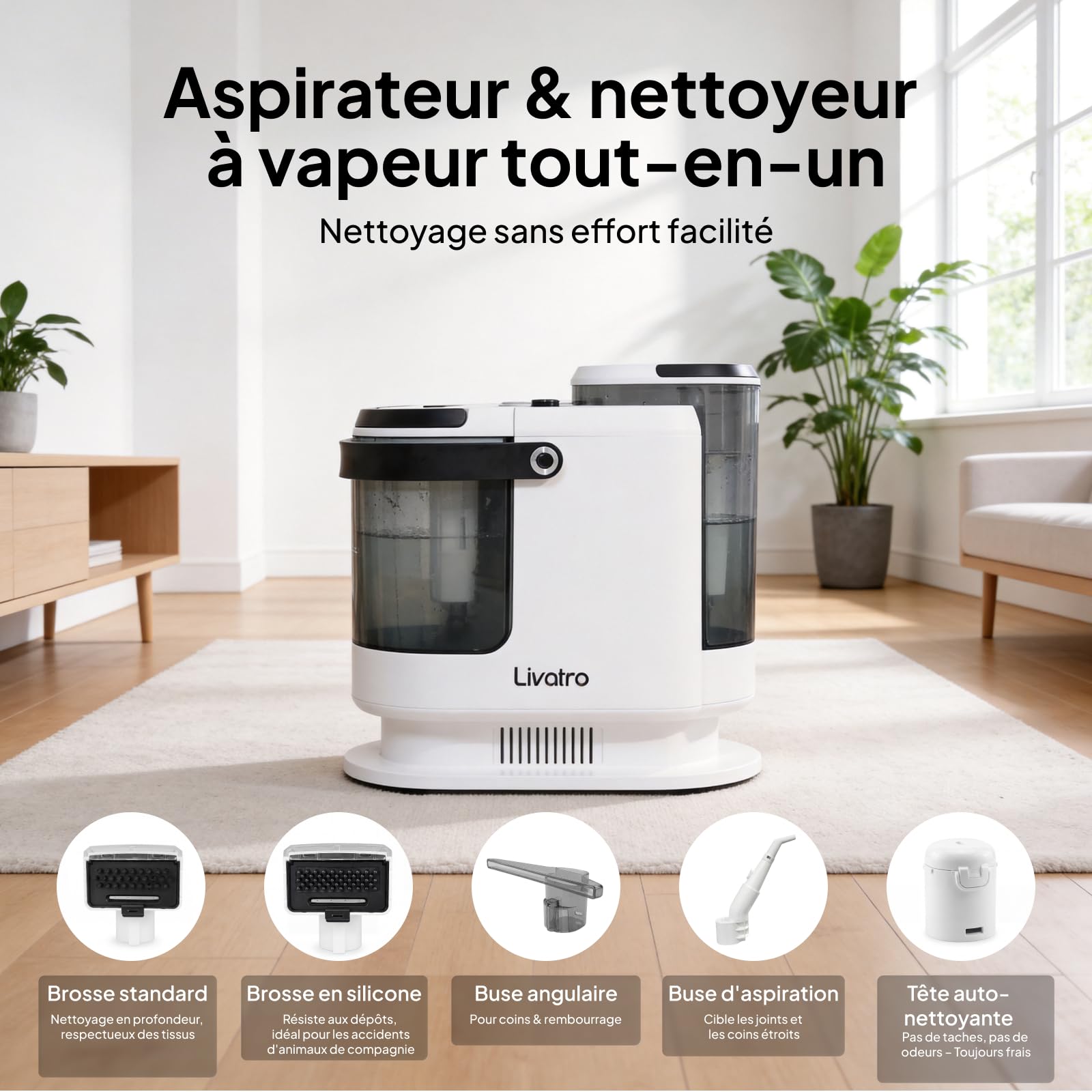 Livatro Shampouineuse Canapé, 1700W Nettoyeur Canapé Tissu, 15KPa Nettoyeur Vapeur Pour Canapé, Double Réservoir 1,6 L + 1,2 L, Fonction Autonettoyante,Injecteur Extracteur Pour Canape,Tissus,Voiture