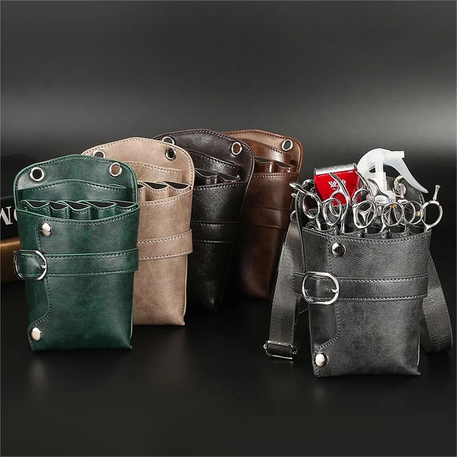 Barber Waist Pouch PU Leather Hairdressing Bag Pouch Holder Hair Scissor Holster For Stylist Rivet Clips Waist Shoulder Belt(Khaki)