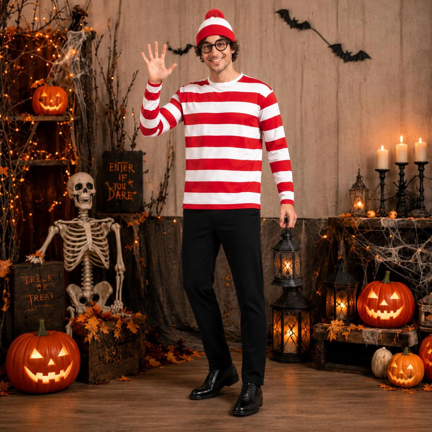 Men's Red and White Striped Shirt Halloween Costume Set
